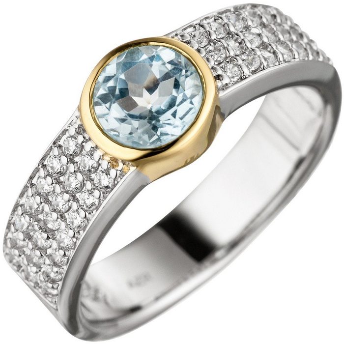 Schmuck Krone Silberring Ring Damenring mit Blautopas rund hellblau Zirkonia 925 Silber teilvergoldet Silber 925