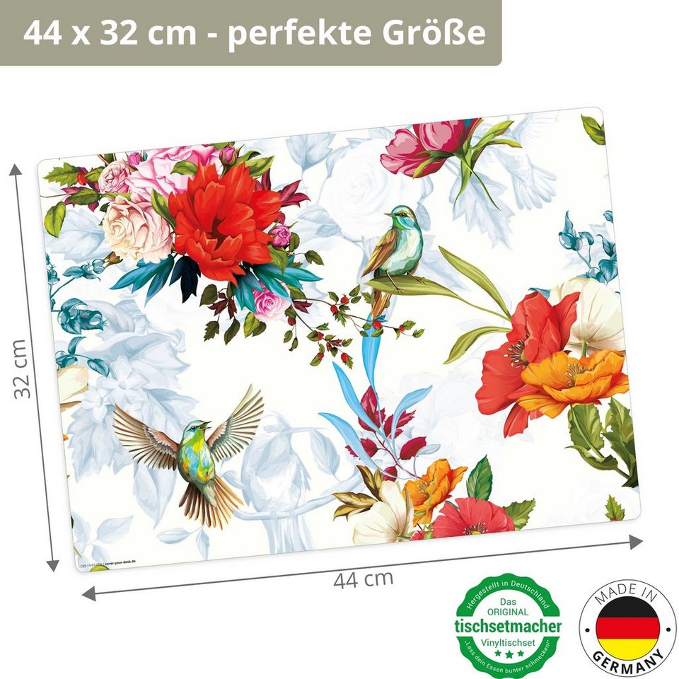 Platzset, Tischset, Platzset abwaschbar - Bunte Kolibris mit Wildblumen,  cover-your-desk.de, (aus erstklassigem Vinyl (Kunststoff – BPA-frei), 4-St.,  44 x 32 cm - rutschfeste Tischdekoration), Made in Germany