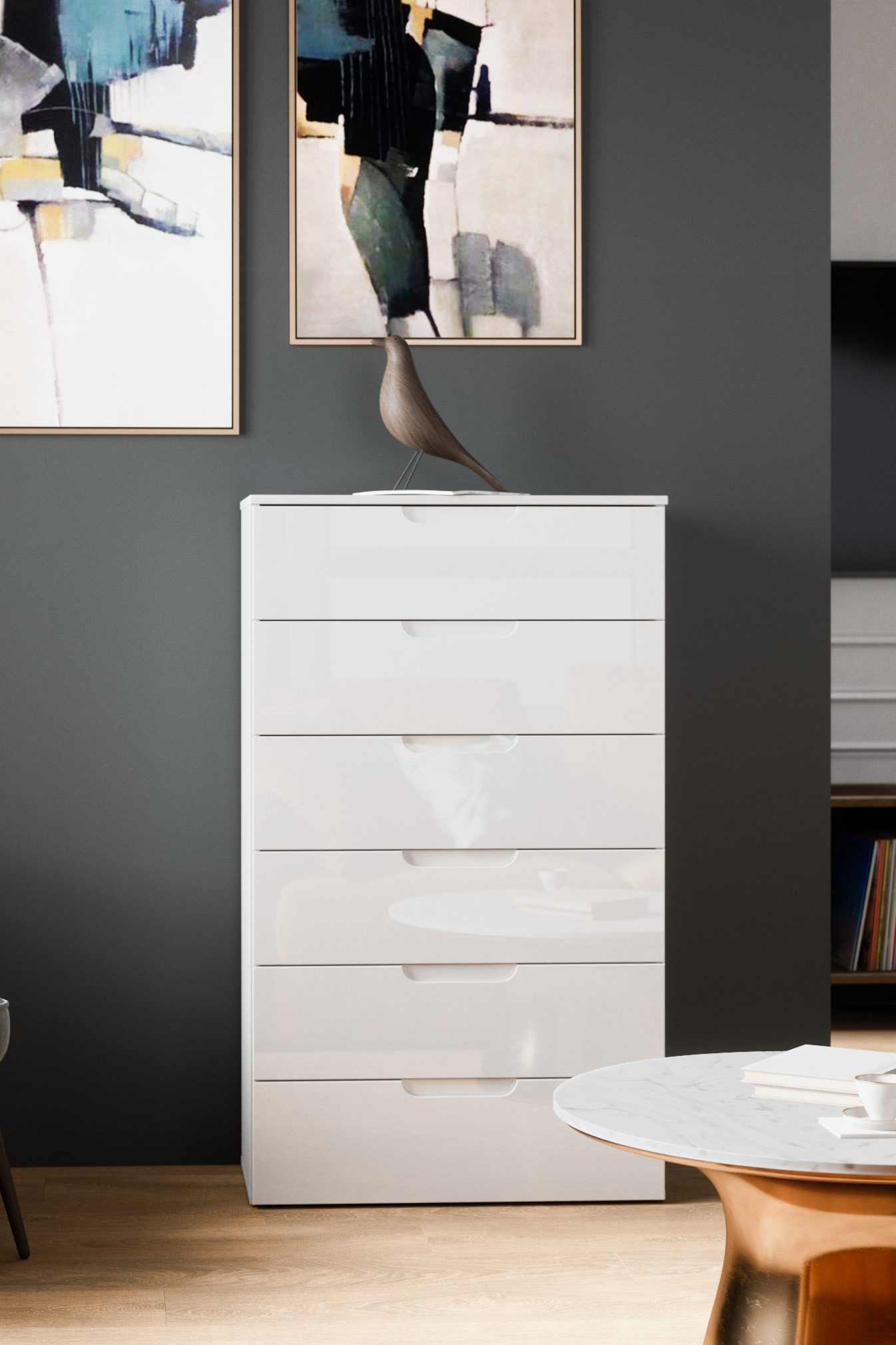 Newroom Kommode Weiß 70 cm, Weiß Hochlglanz Sideboard Vintage Industrial Highboard Anrichte