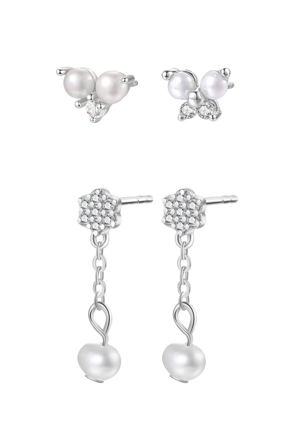 Hey Happiness Ohrstecker-Set Schmetterling, Blume & Perle, Ohrring-Set Damen 925 Silber vergoldet