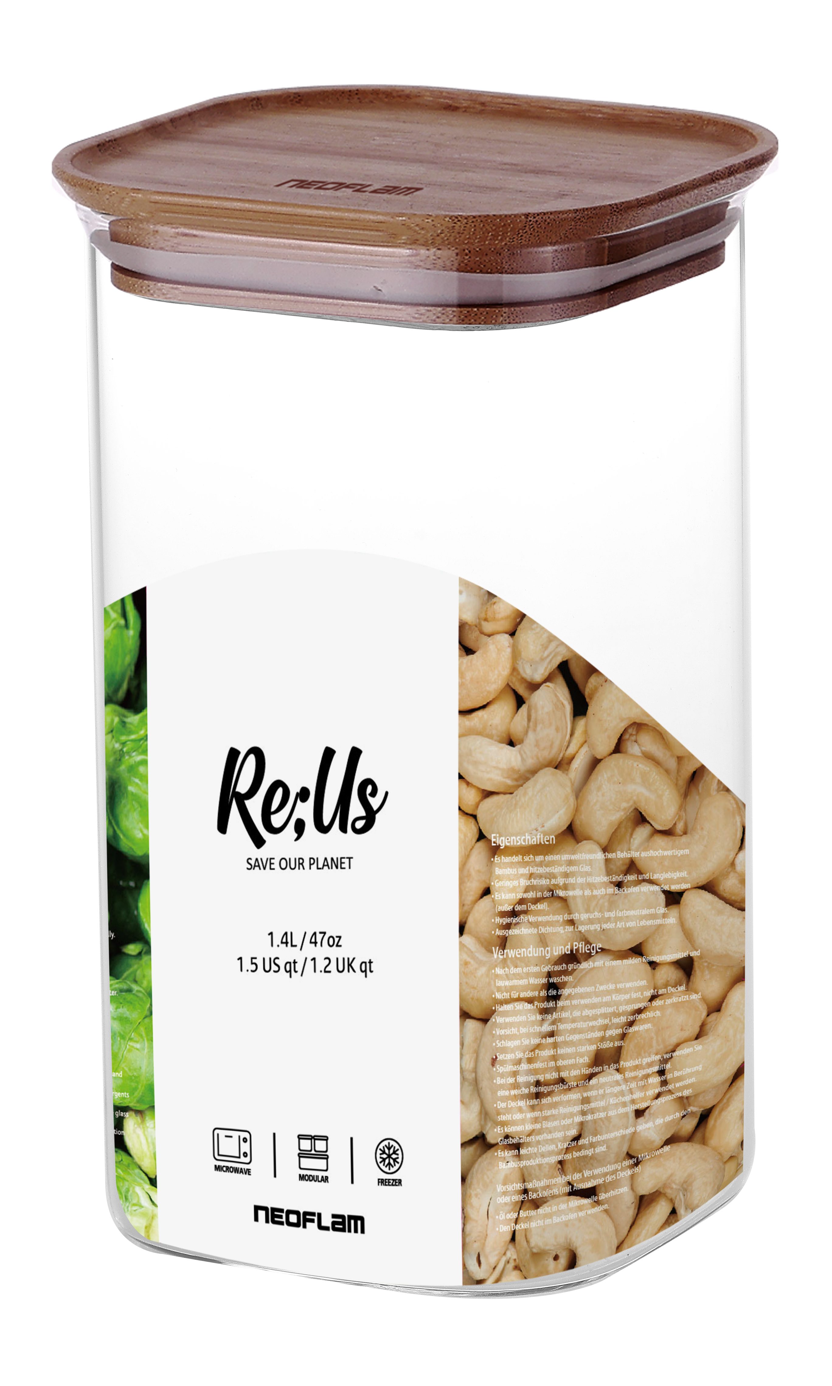 NEOFLAM® Vorratsglas Ecoray Glas Vorratsbehälter mit Bambusdeckel, quadratisch, 1.4L, Borosilikatglas, Bambus, (1-tlg)