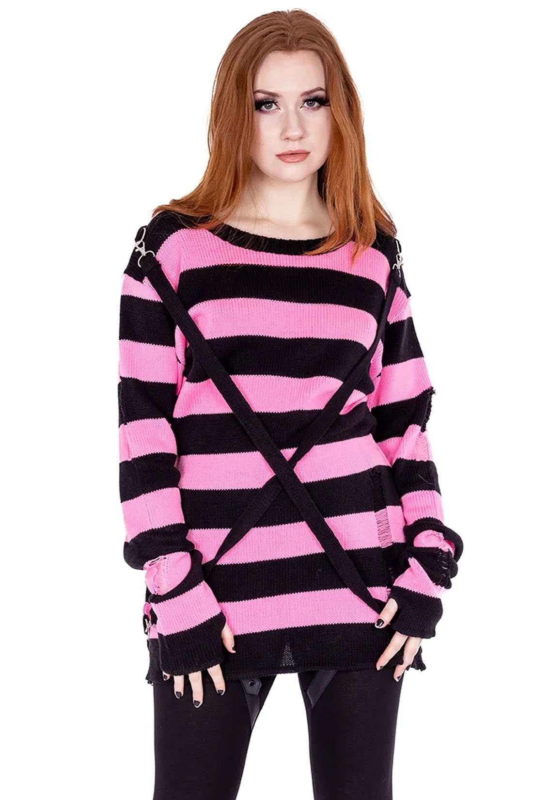 Heartless Strickpullover Oriana Strickpulli Rosa Goth Punk Gestreift Grunge Distressed