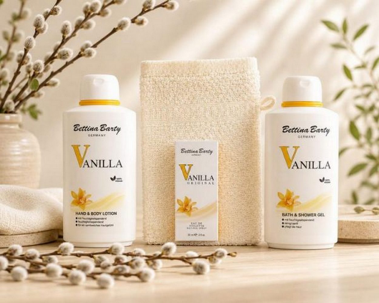 Bettina Barty Pflege-Geschenkset Vanilla Geschenkset – Duschgel, Bodylotion, EDT & Waschhandschuh Spar-Set