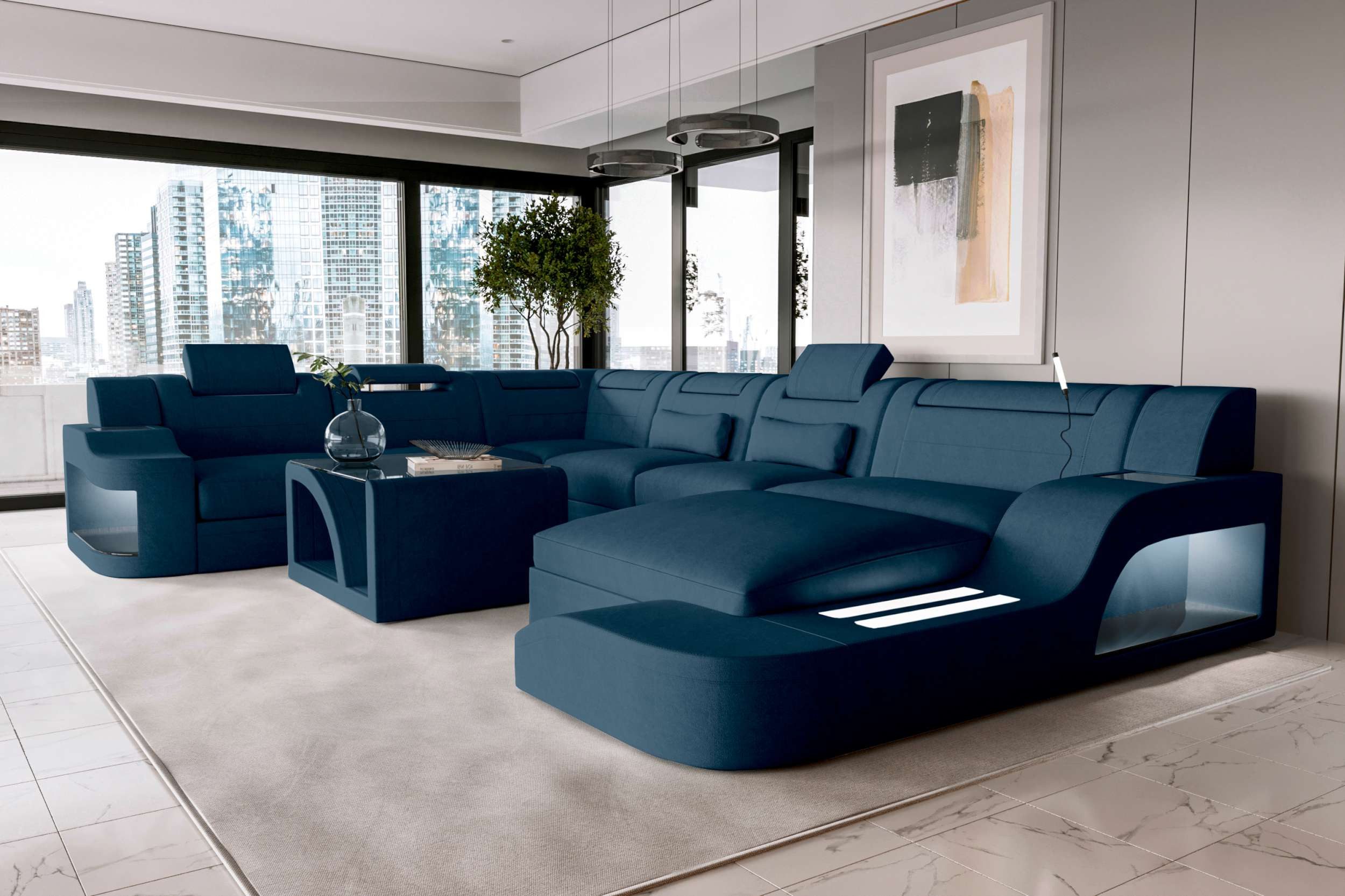 Sofa Dreams Wohnlandschaft XXL Wohnlandschaft Palermo Stoffsofa, Wohnlandschaft, U-Form, Polster Couch in U-Form mit LED, 2 Zierkissen inklusive