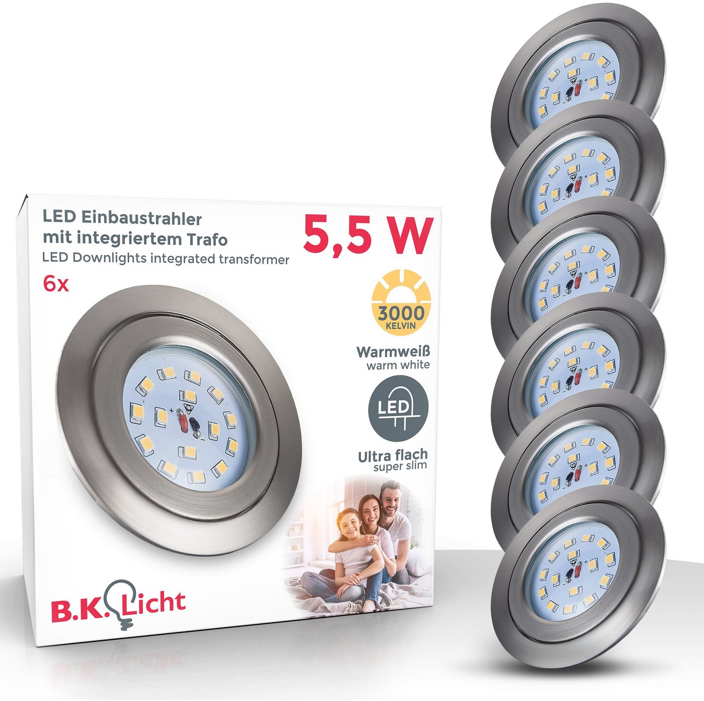 B.K.Licht LED Einbauleuchte 6er Set Einbaustrahler, Dimmbar, Schwenkbar, LED Einbauspots, Dimmfunktion, LED fest integriert, Warmweiß, 3.000K, 470Lm, 5,5W, Kunststoff, 8,2 x 3 cm, Nickel