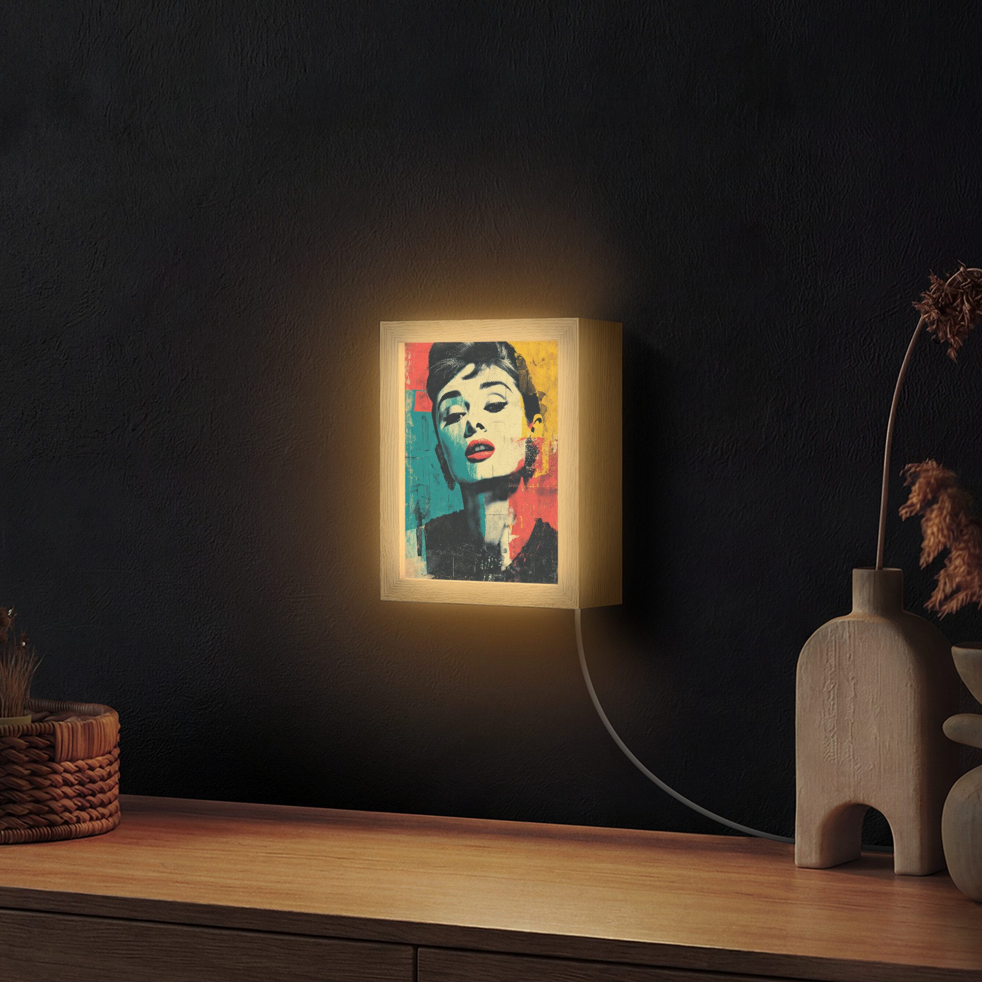 OnlyWow Wandleuchte Lightbox Frau - Rote Lippen - Ausdrucksstark - Grafik, Dimmbar, Farbwechsel, LED, Warmweiß, Kaltweiß, Neutralweiß Einstellbar, Wandlampe Innen, Dimmbar, mit Kabel, LED, Beleuchtung, Wohnzimmer