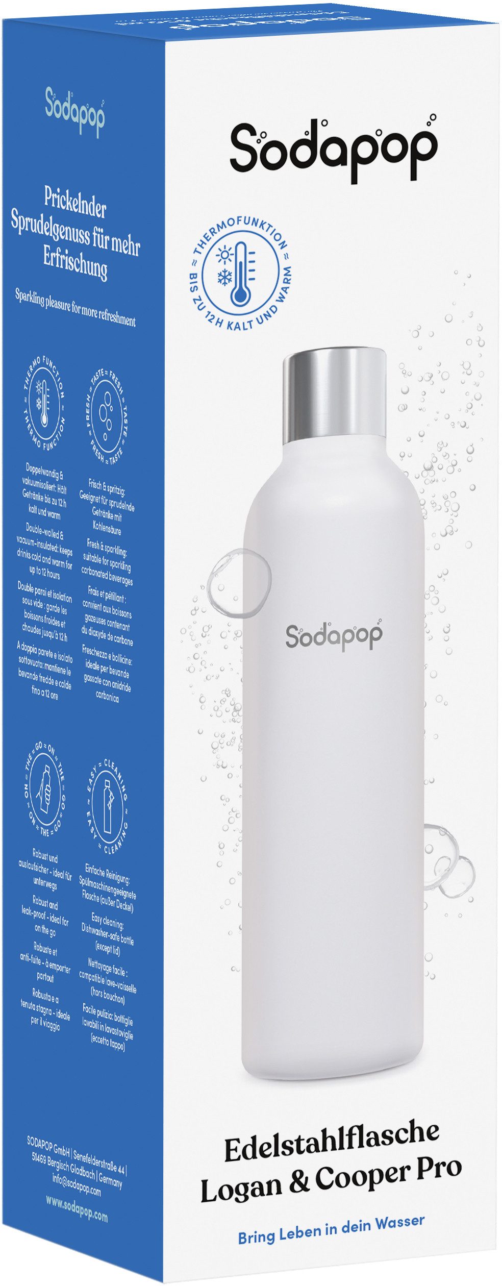 Sodapop Trinkflasche Edelstahlflasche 750ml schwarz für Logan & Cooper Pro, Passend für SODAPOP Logan und Cooper Pro