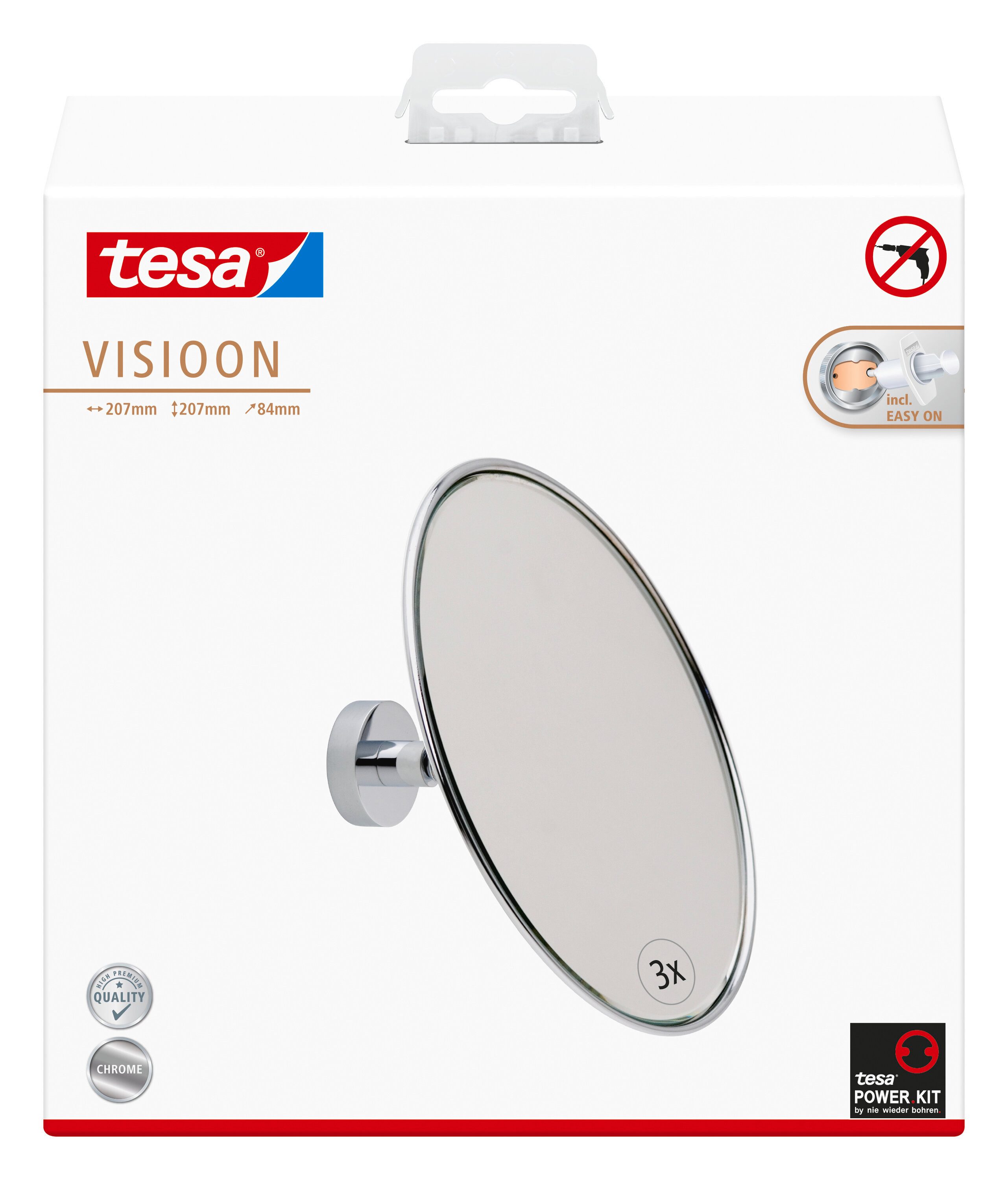 tesa Schminkspiegel Косметички Visioon - runder Badezimmer Schminkspiegel (Komplett-Set, 1-St., Inkl. Powerkit Montagezubehör - enthält Klebelösung und Adapter), 3-fache Vergrößerung - Wandmontage ohne Bohren - 14 cm - Silber