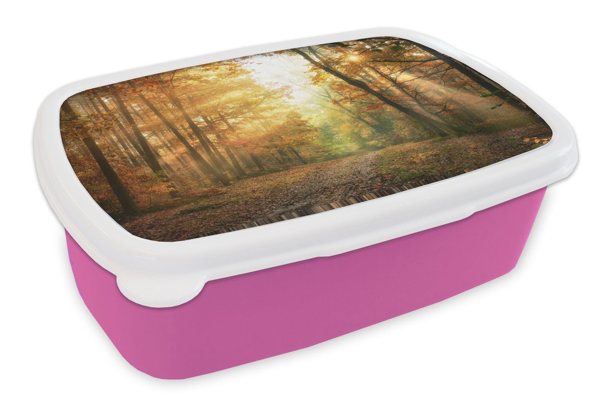 MuchoWow Lunchbox Wald - Herbst - Sonne - Landschaft - Natur - Bäume - Laub, Kunststoff, (2-tlg), Brotbox für Erwachsene, Brotdose Kinder, Snackbox, Mädchen, Kunststoff rosa