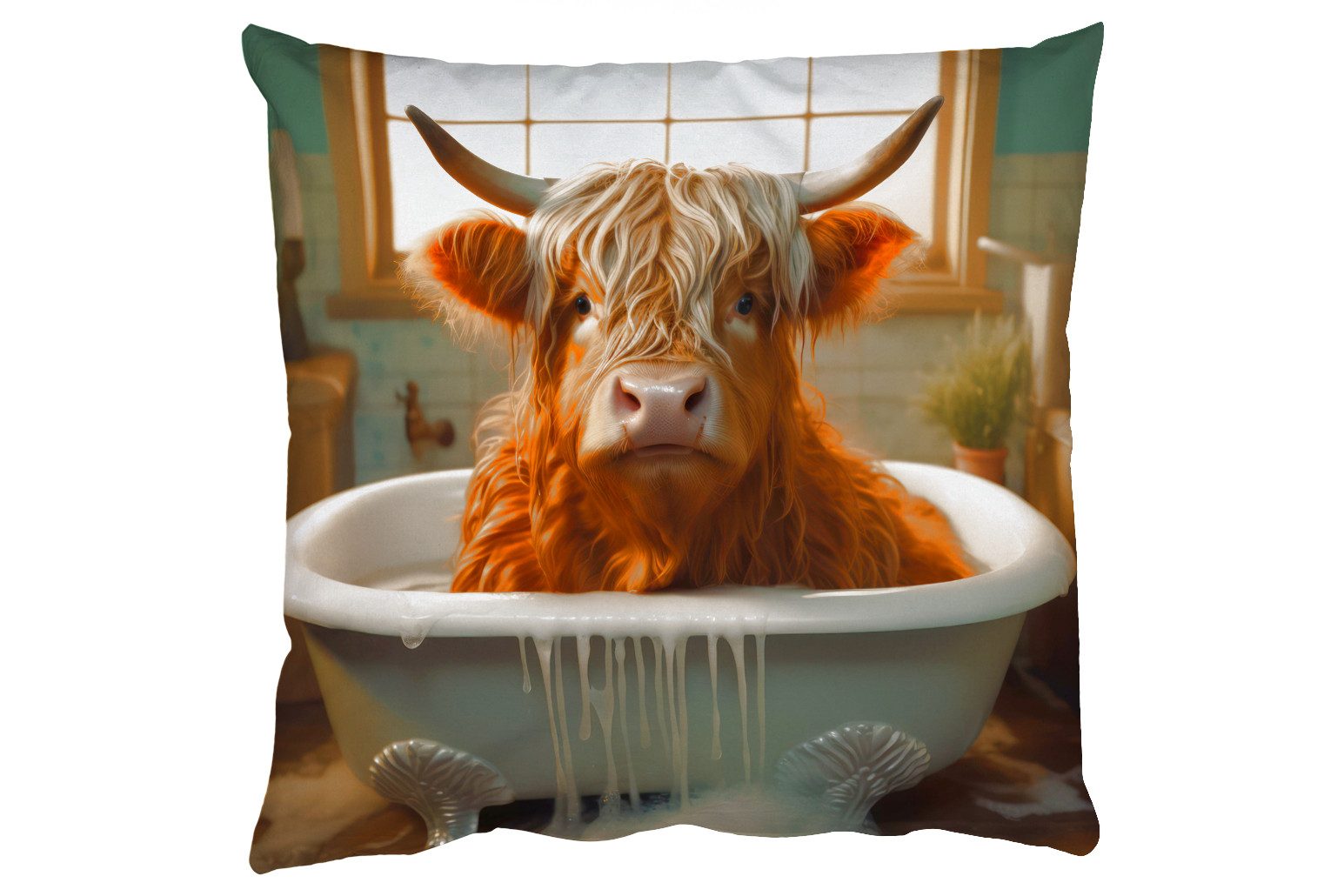 MuchoWow Dekokissen Scotch highlander - Bad - Badezimmer, Zierkissen, Deko Kissen mit Füllung, Sofakissen, 60x60 cm