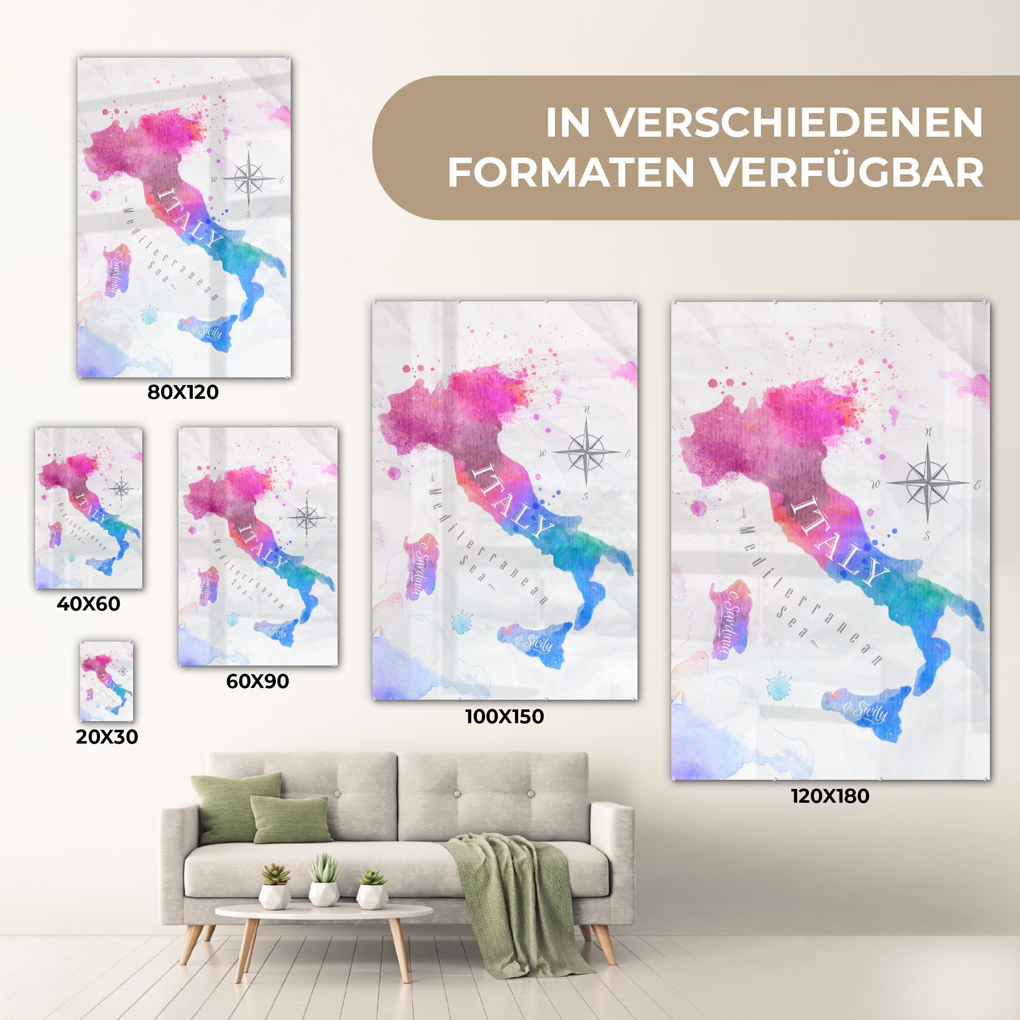 MuchoWow Acrylglasbild - auf (1 - - Bilder Karte Wandbild - St), auf Glasbilder Wanddekoration Glas Italien, Aquarell Glas Foto 