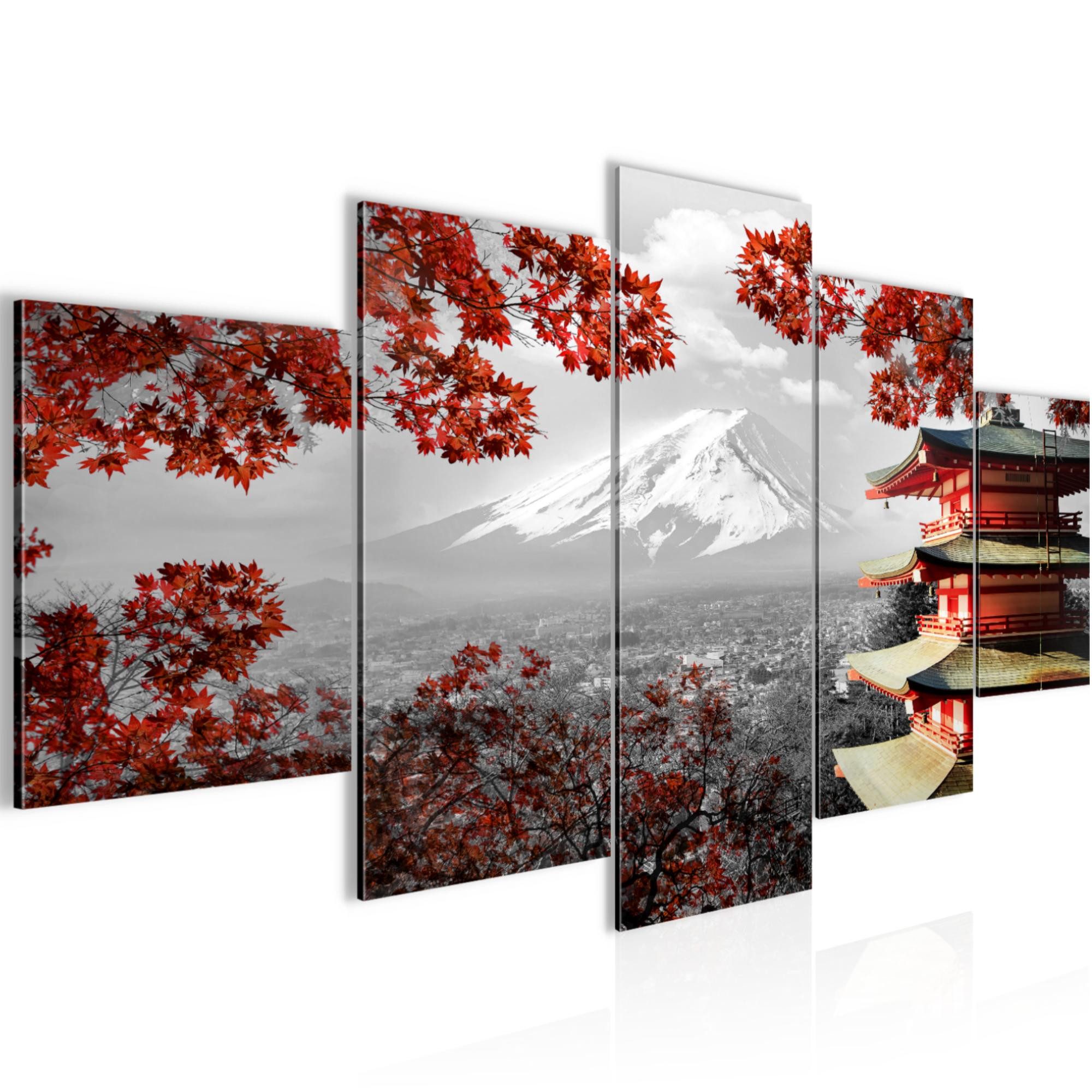 Runa Art Wandbild Bilder Japan 5 Teilig Wanddekoration Design Rot Grau 009151a, 200L x 100B cm