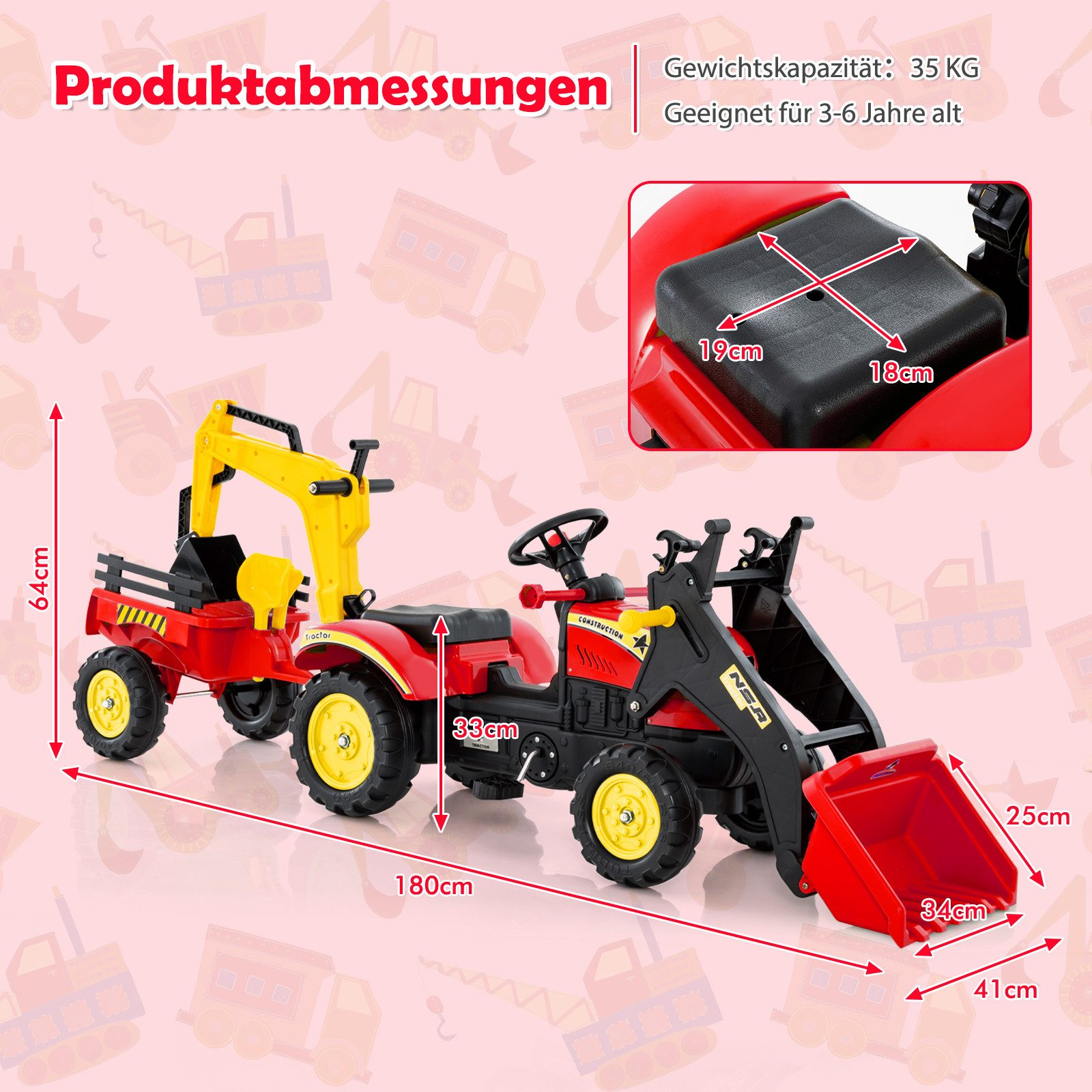 COSTWAY Trettraktor Bagger, mit Abnehmbarer Anhänger & Grabschaufel
