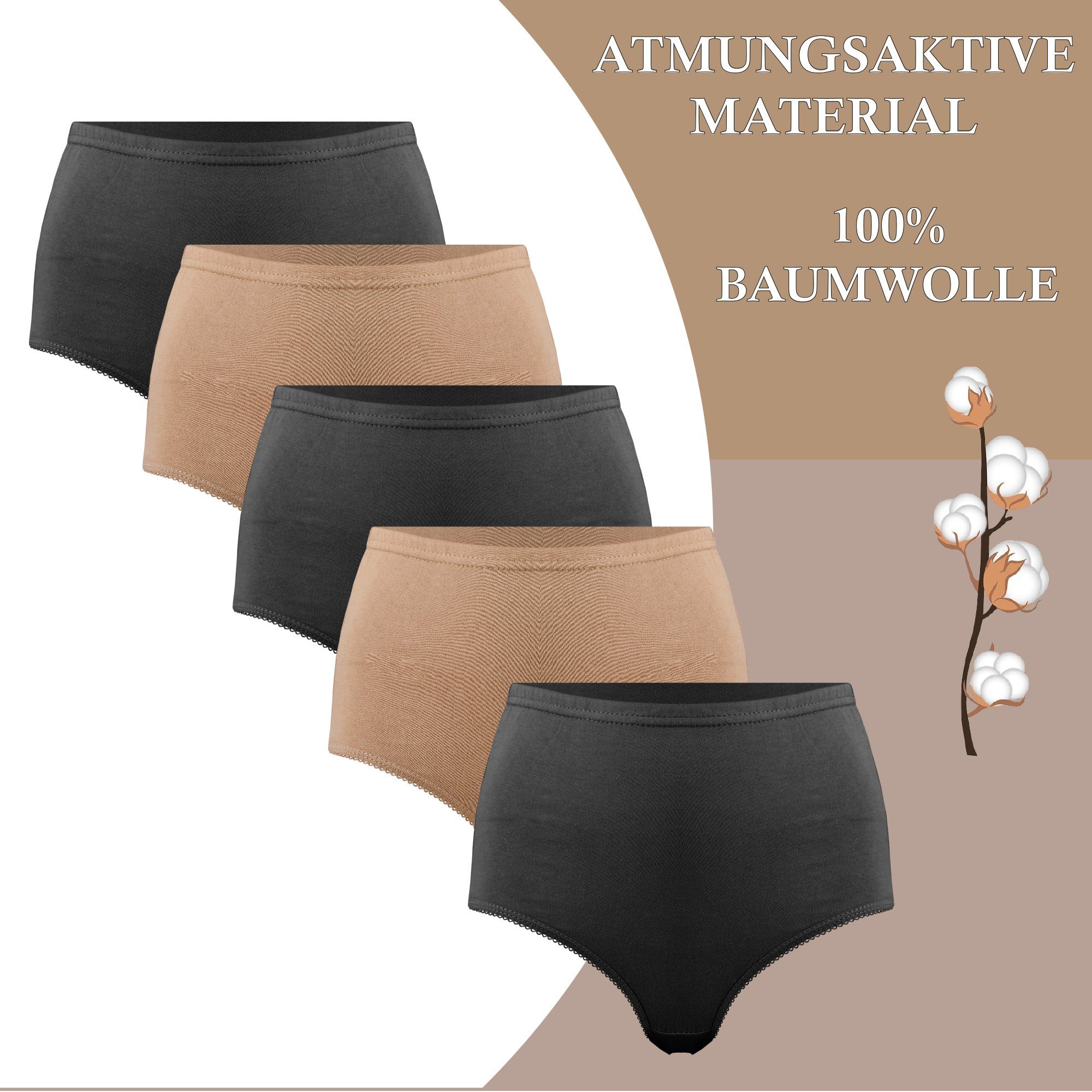 Taillenslip Hohe Baumwolle 100% Pack) - Fashion Basic Taille - Maxislip uni Slip Unterhose Hüftslip hemmy (5er