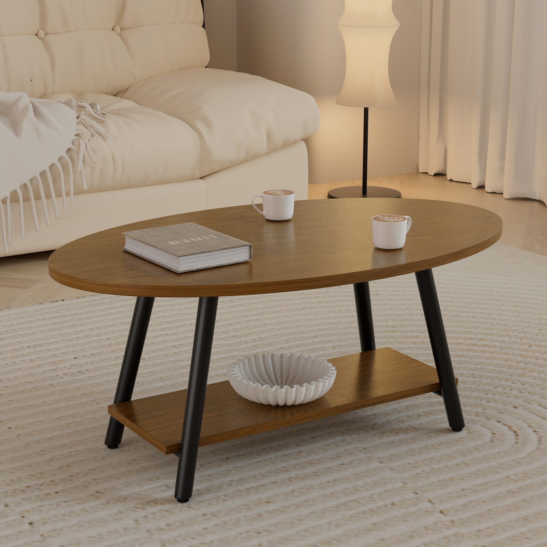 HawthyHome Couchtisch ovaler 2-stöckiger Beistelltisch mit Stauraum, 101 x 60 cm (1-St), Moderner Massivholztisch, ideal für Wohnzimmer und Schlafzimmer – Bild 4 von 5