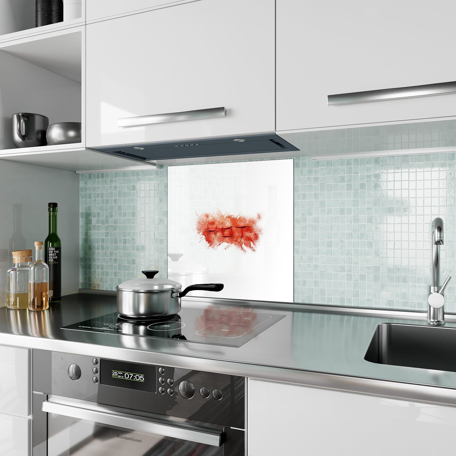 Primedeco Küchenrückwand Spritzschutz Küchenrückwand Text aus Motiv Pulver Scharf Glas mit