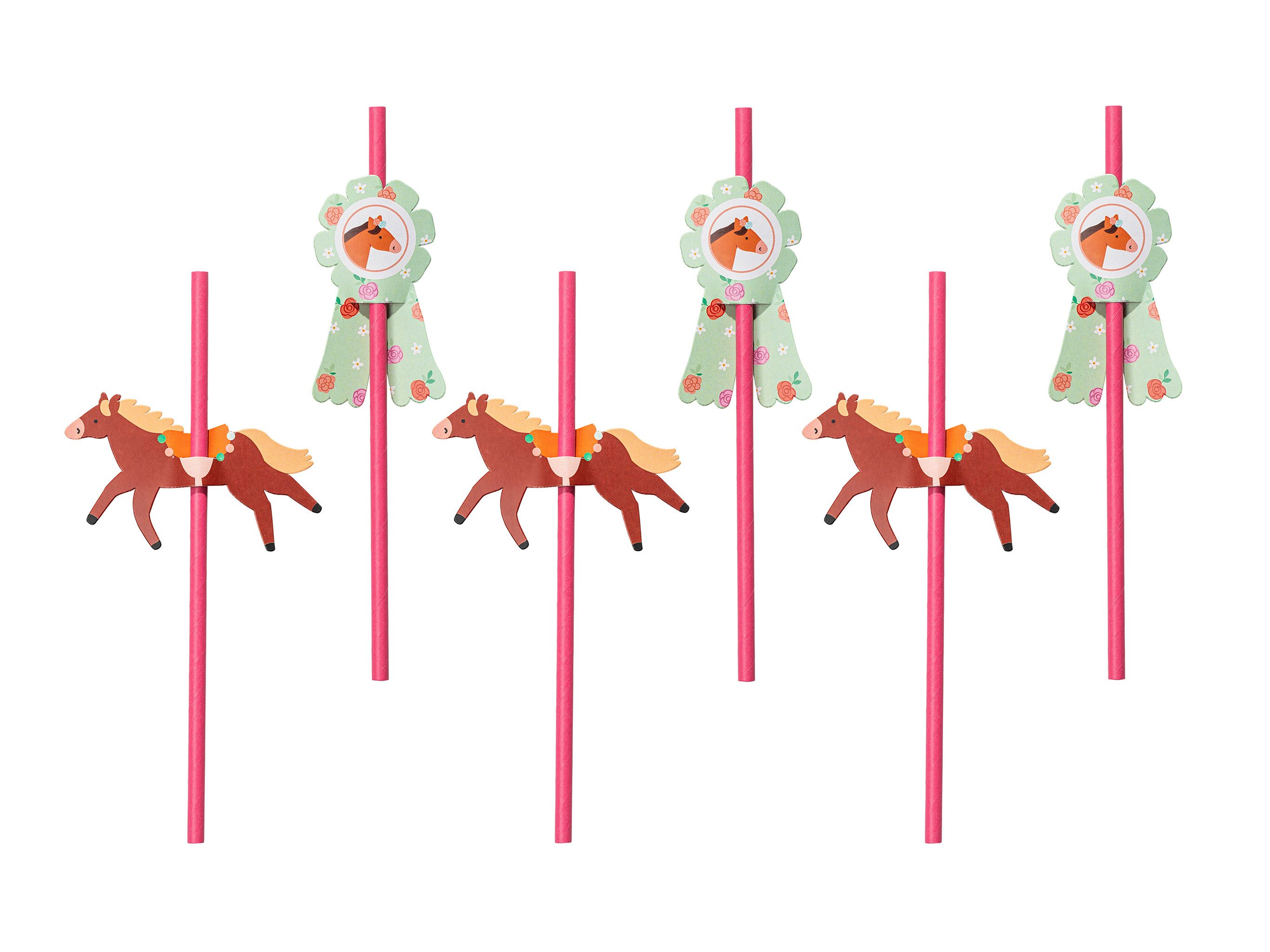 partydeco Trinkhalme, Papierstrohhalme 19cm mit Pferde Topper 6er Set Pink / Braun / Grün