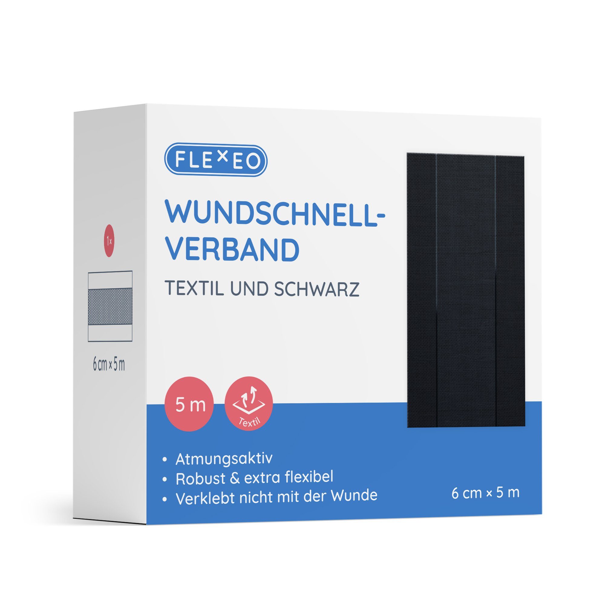 FLEXEO Wundpflaster Wundschnellverband (1 St), Zuschneidbares Pflaster, Textil schwarz 6cmx5m