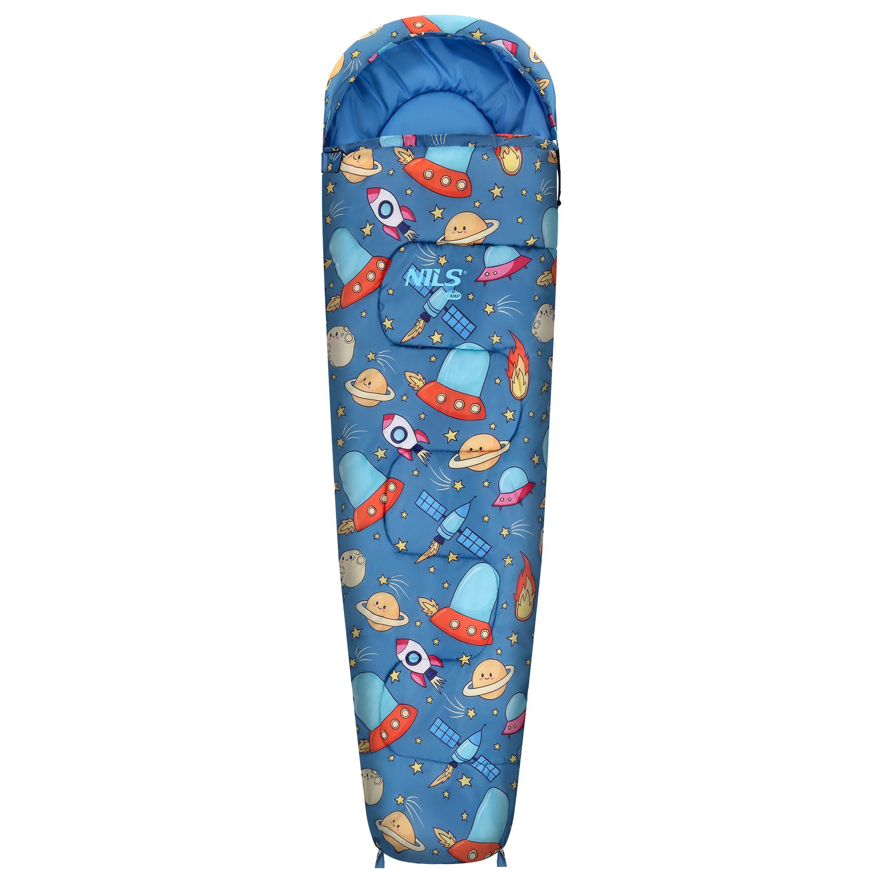 NILS CAMP Kinderschlafsack Mumienschlafsack Campingschlafsack Outdoorschlafsack (Spar-Set, 1 tlg., 170 x 60 cm leicht), Rucksackform, Kapuze, leicht, Weltraum-Motiv