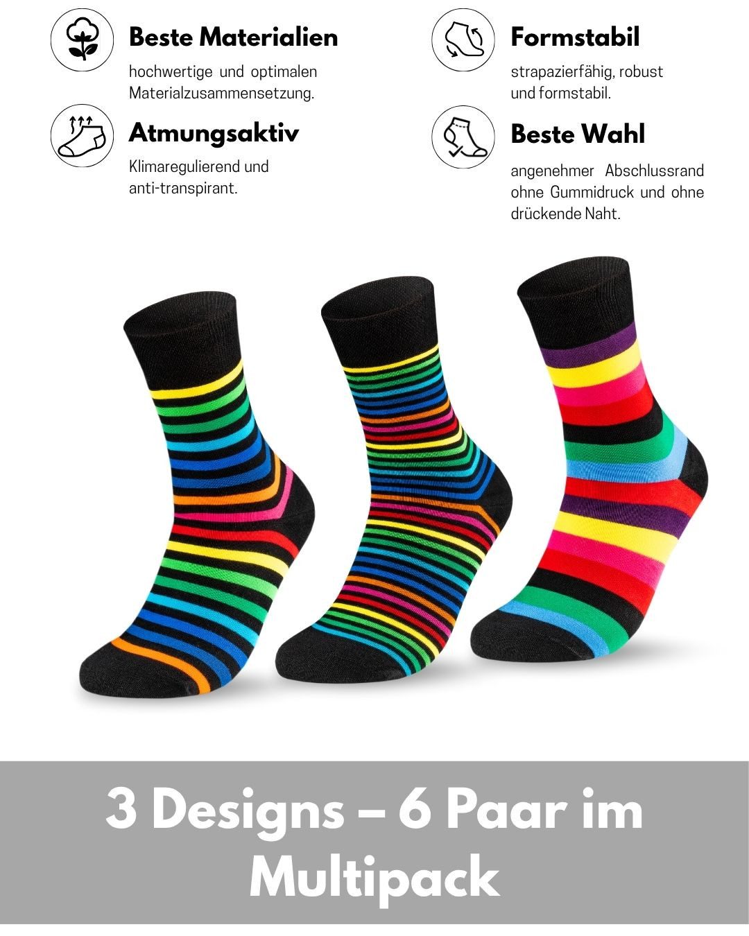 sockenkauf24 Basicsocken Damen Socken Bunt Ringelsocken Gestreift Baumwolle mit Komfortbund (6-Paar) ohne Naht – Bild 3 von 5