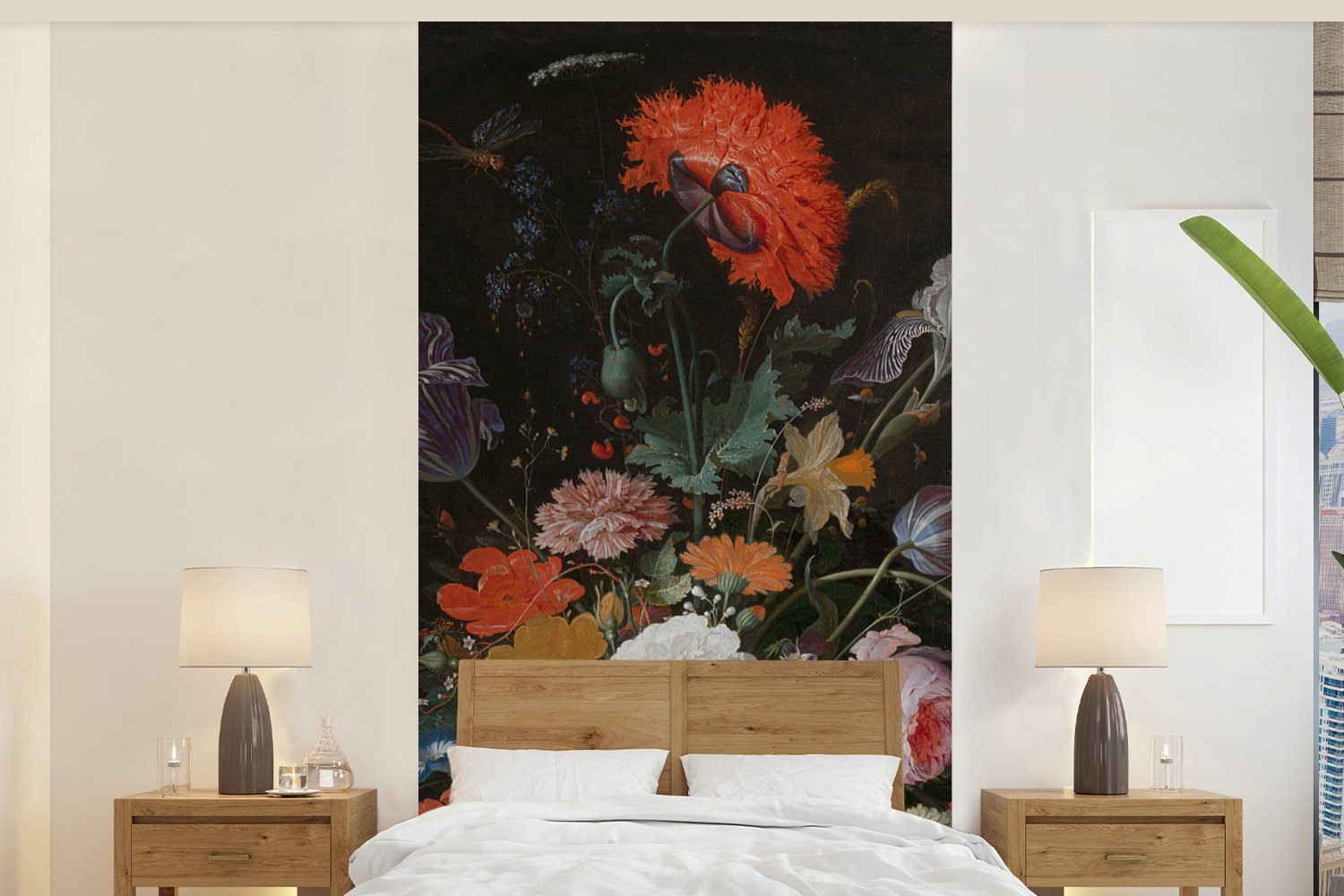 MuchoWow Fototapete Stilleben mit Blumen und einer Uhr - Gemälde von Abraham Mignon, Matt, bedruckt, (2 St), Vliestapete für Wohnzimmer Schlafzimmer Küche, Fototapete