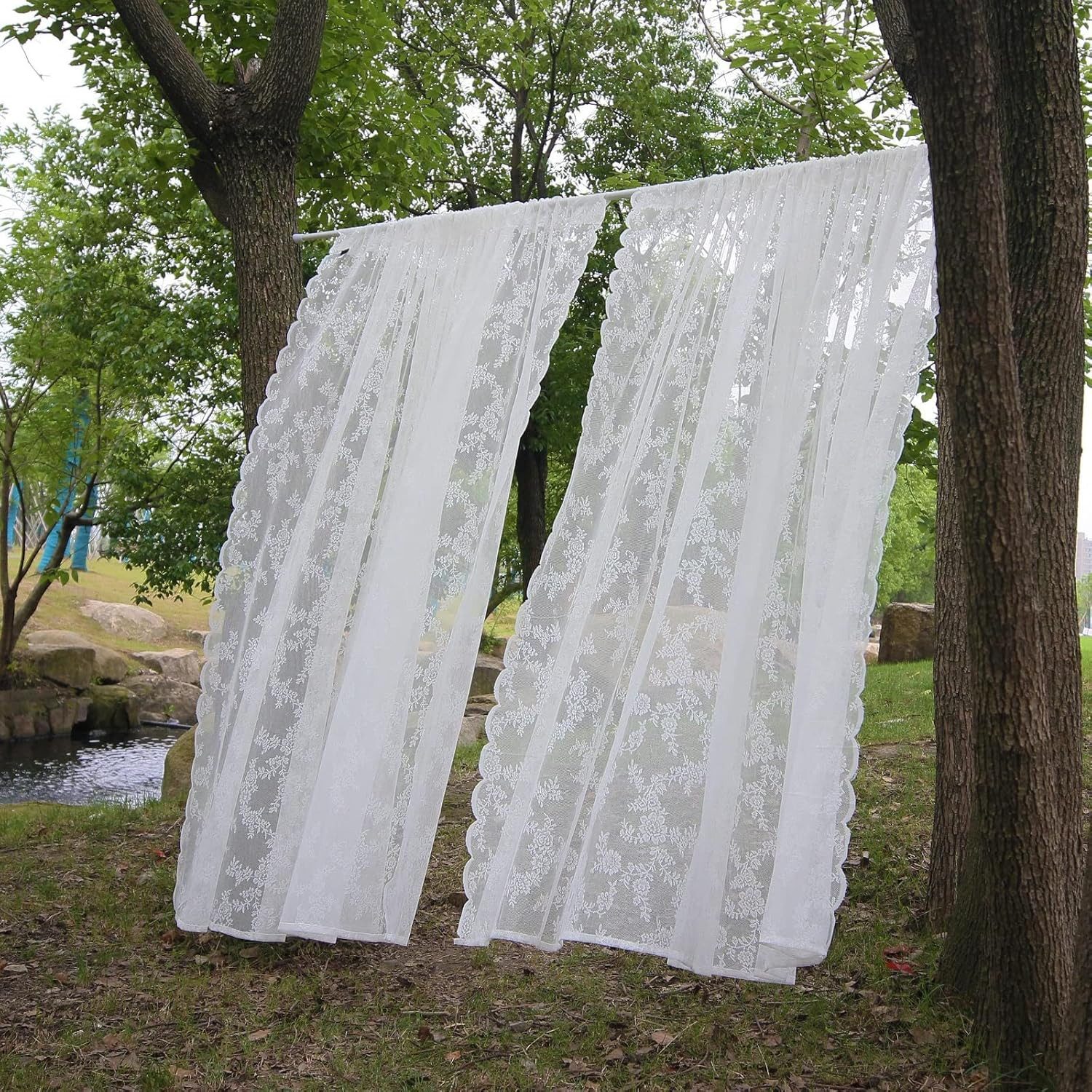 Qelus Vorhang Voile Vorhang mit Stangendurchzug Stickerei und Spitze, Stangentaschen, 2er Set weiße transparente Gardinen für Wohnzimmer Schlafzimmer Küche