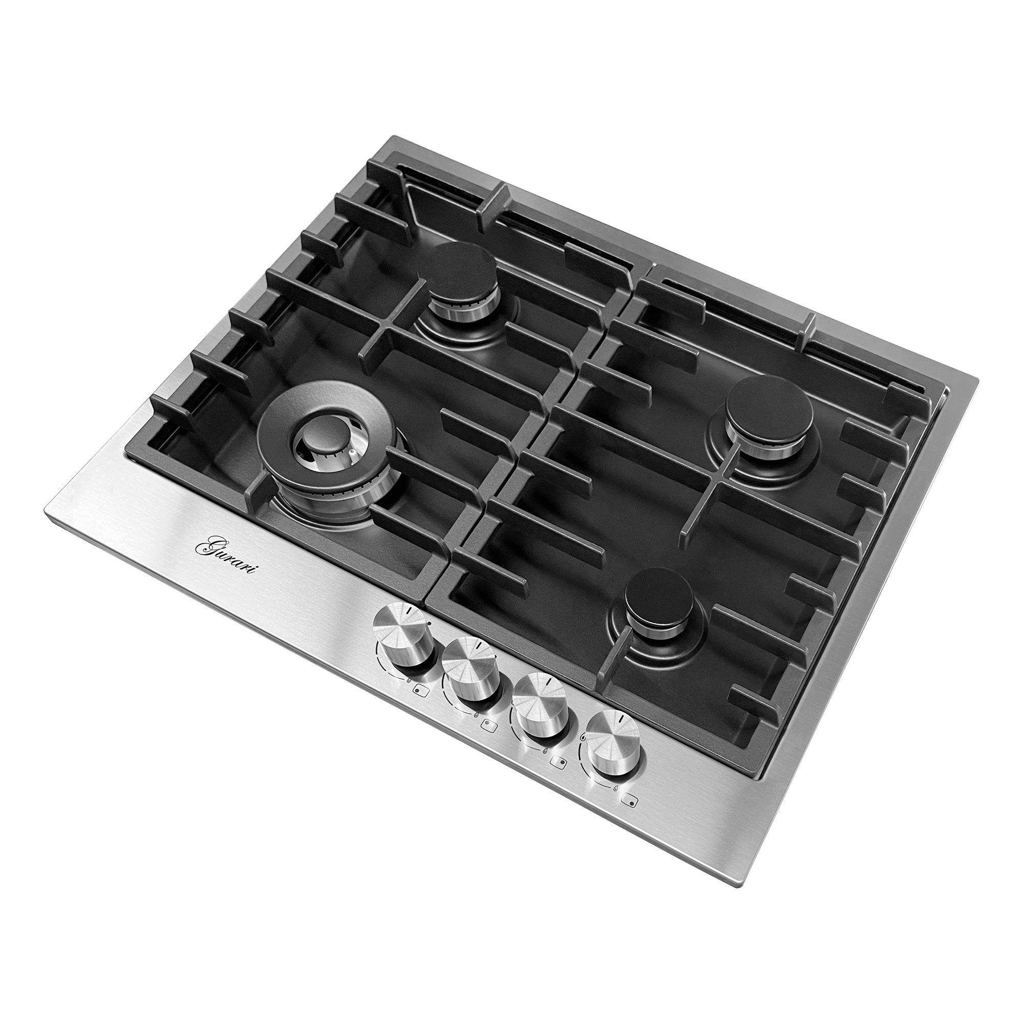 GURARI Gas-Kochfeld GCH TX 604 VTGL+WOK Adapter 60 cm, Edelstahl - Schwarz 4,0 KW WOK, 4 Gasbrenner, Autark
