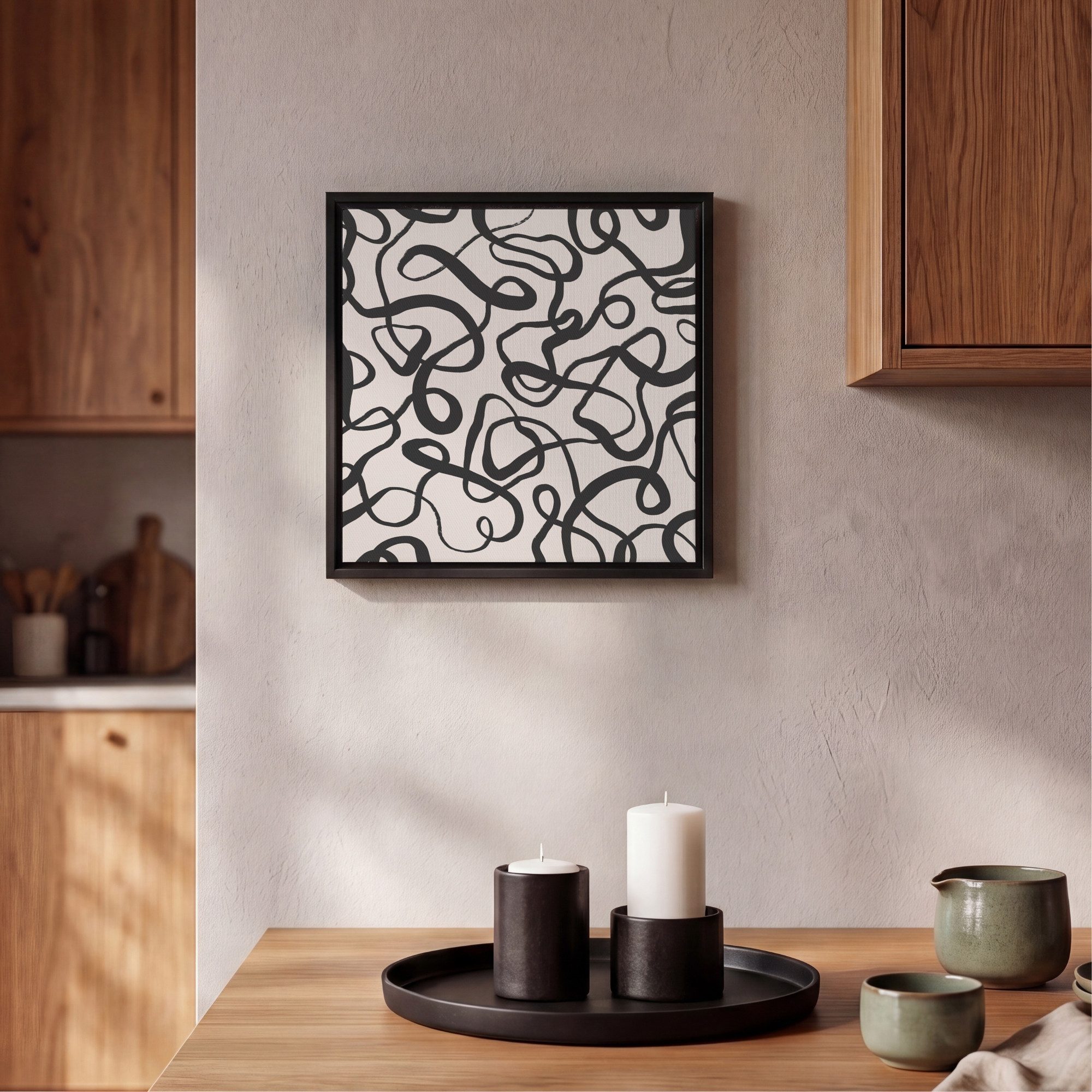OneMillionCanvasses® Leinwandbild mit Rahmen - Linien - Kunst - Schwarz - Beige, Fotodruck (1 St), Leinwand Bilder Klein, Wand Dekoration Aesthetic 20x20cm