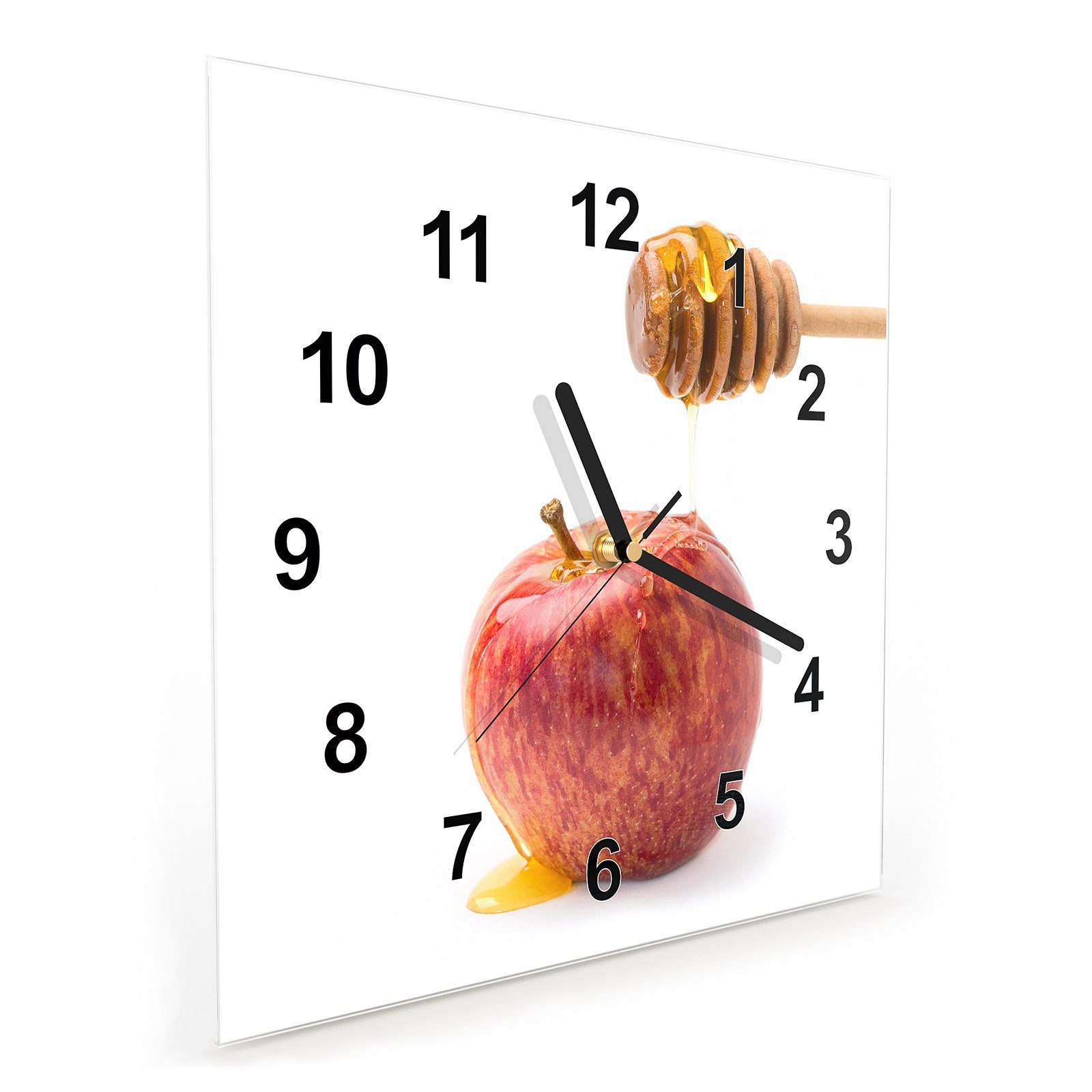 Primedeco Wanduhr Glasuhr Wanduhr Wandkunst x Honig auf tropft Motiv cm 30 30 Größe mit Apfel