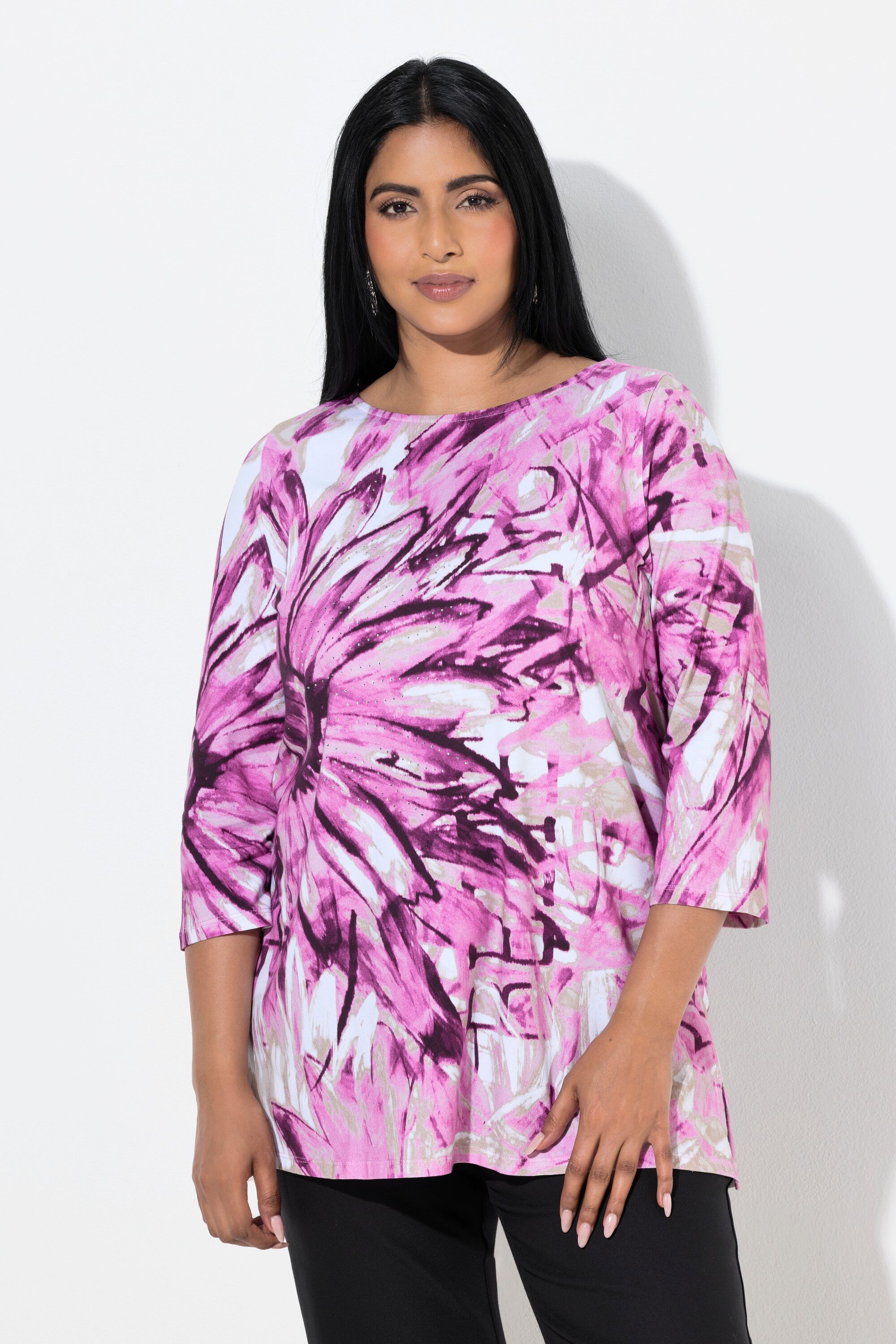 Ulla Popken T-Shirt Pima Cotton Shirt Ziersteine A-Linie 3/4-Arm günstig online kaufen