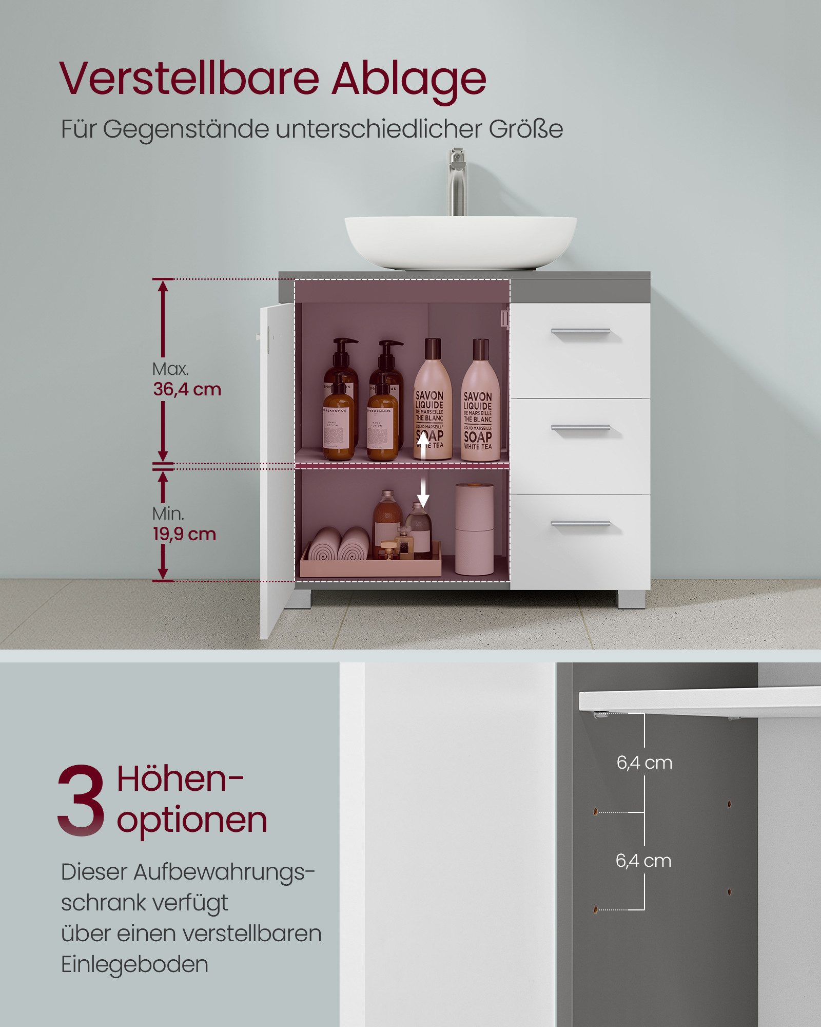 VASAGLE Waschbeckenunterschrank Badezimmerschrank Badschrank mit 3 großen Schubladen, 2 Fächer hinter der Tür, Breite 60/70 cm