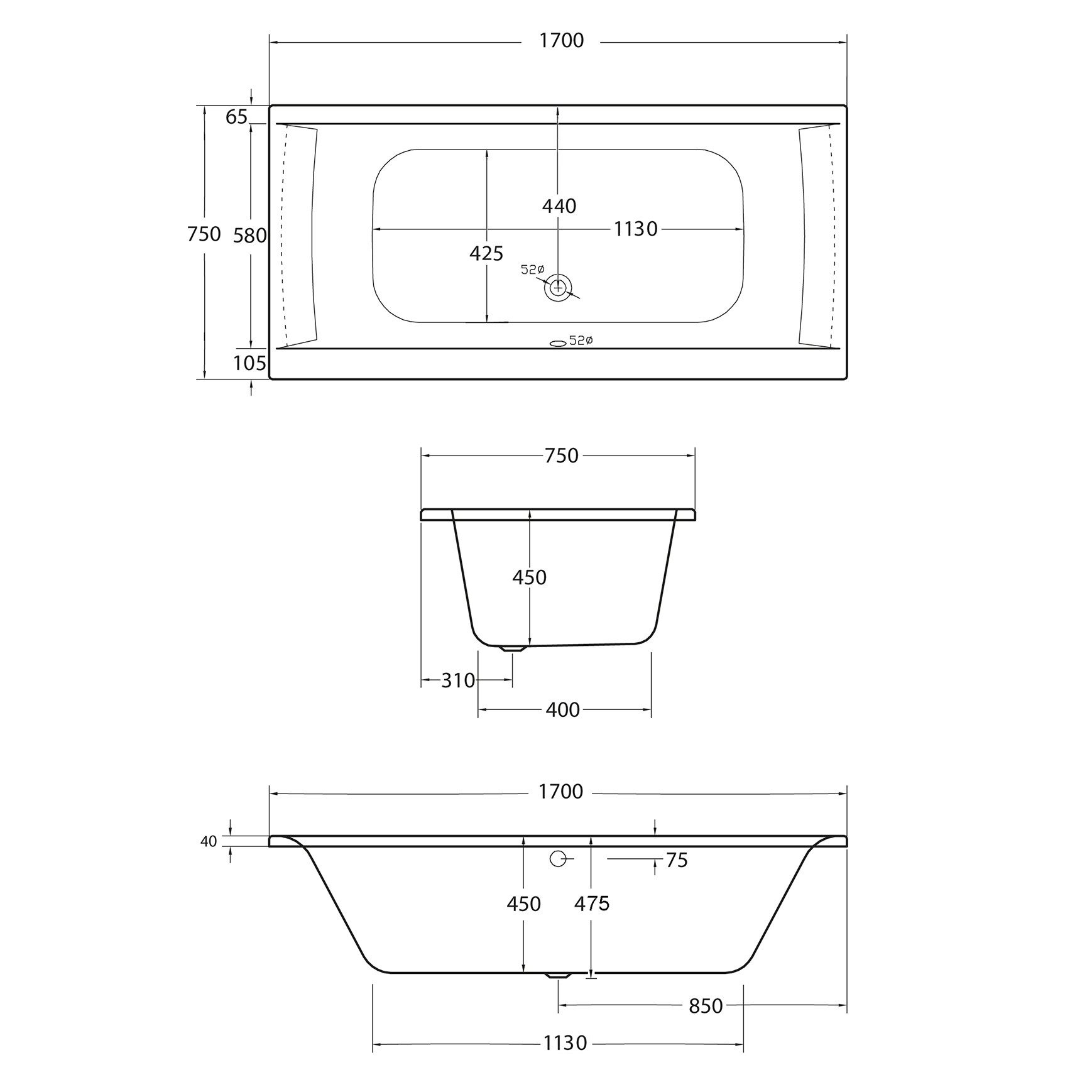 Schulte Badewanne Onda, Körperform, Sanitäracryl, Weiß, Größenauswahl, (Komplett-Set, inkl. Fußgestell und Ablauf), 170x75 cm