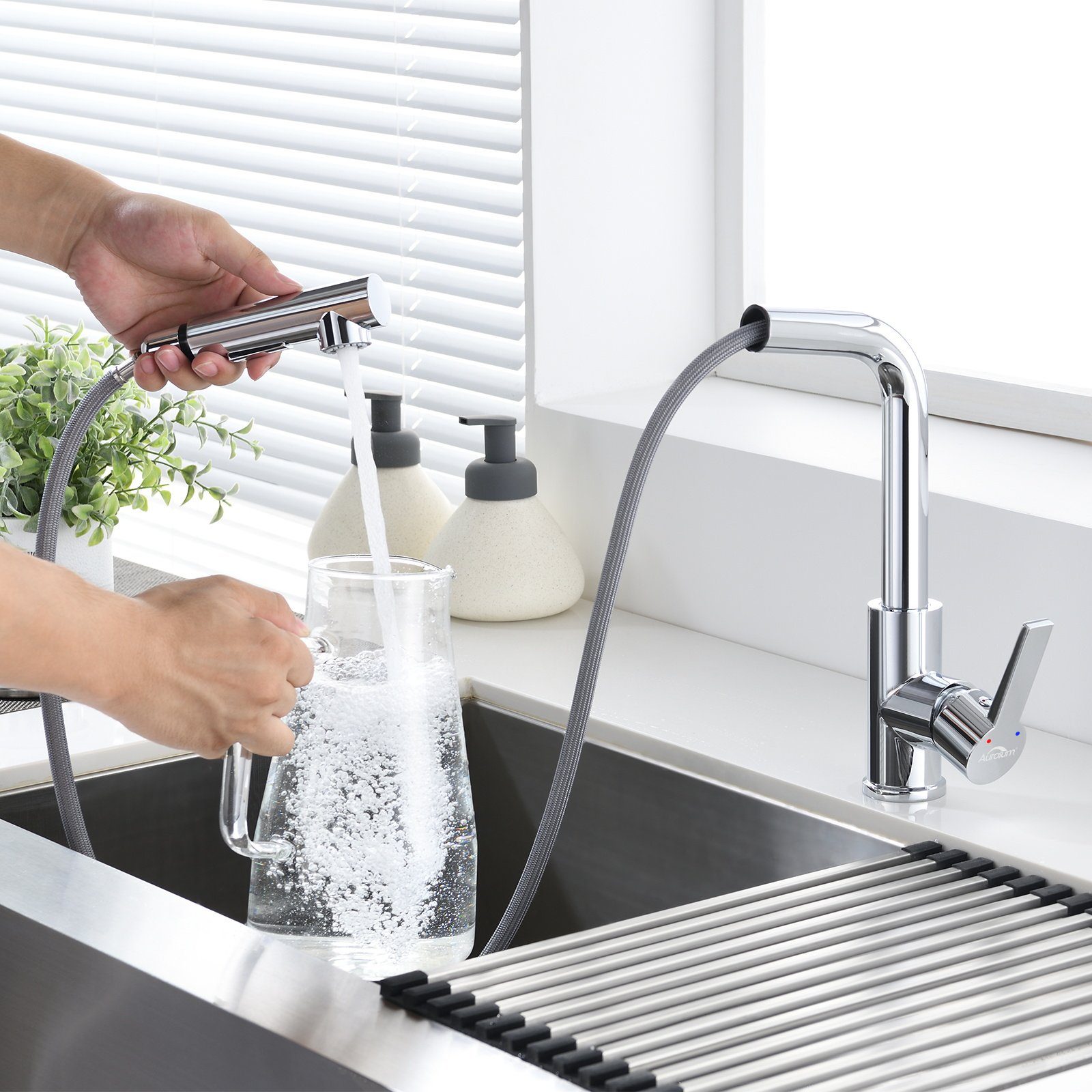 Auralum Küchenarmatur Wasserhahn Spültischarmatur mit 360° Mischbatterie Drehbarer Ausziehbar Brause