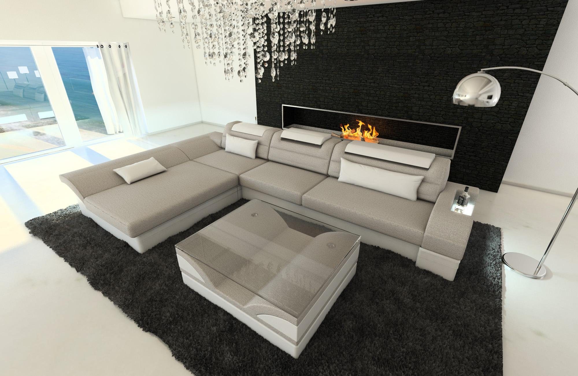 Polstersofa mit Macchiato-Weiss Couch LED, L Ecksofa Sofa Dreams Stoffsofa H2 Designersofa Monza Stoff ausziehbare Bettfunktion, Form,