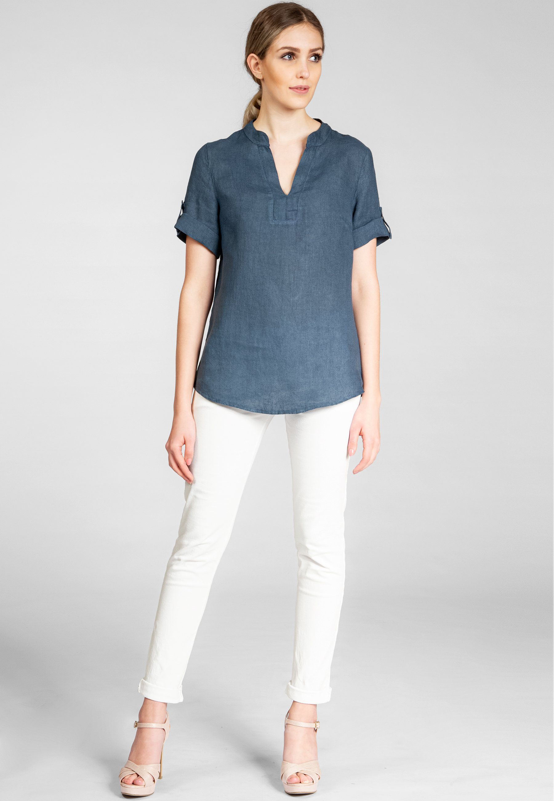 Caspar Shirtbluse BLU024 elegante Damen Halbarm Sommer Leinenbluse mit stylischem V-Ausschnitt - Made in Italy