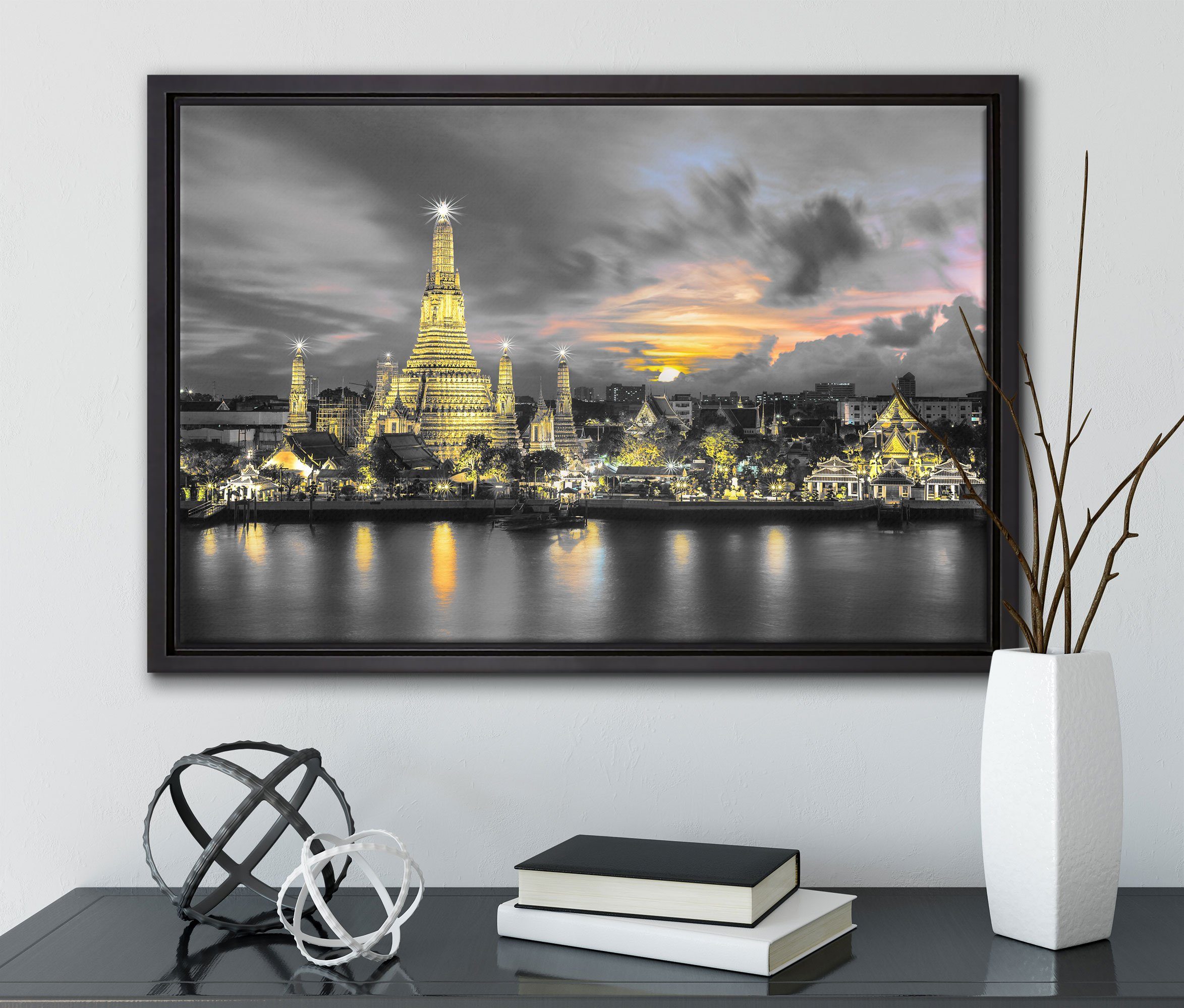 gefasst, Schattenfugen-Bilderrahmen (1 bespannt, Bangkok Pixxprint in Thailand, fertig Leinwandbild Tempel St), Leinwandbild Zackenaufhänger inkl. einem Wanddekoration