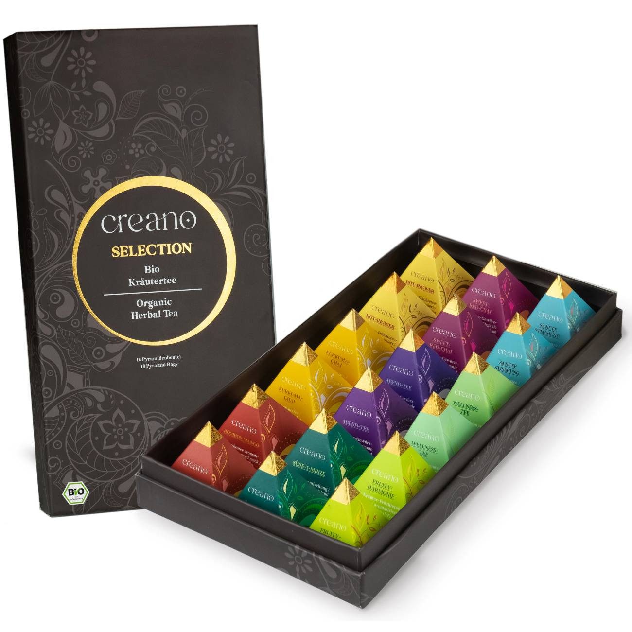 Creano Tee Bio Kräutertee 18er Pyramiden Geschenkset „ORGANIC HERBAL TEA“*, 1 x 18 St. (18 Bio-Pyramiden-Teebeutel)