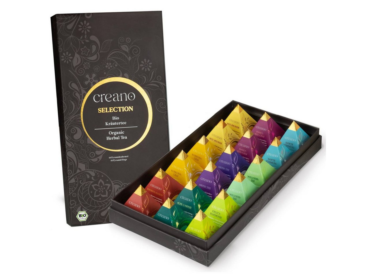 Creano Tee Bio Kräutertee 18er Pyramiden Geschenkset „ORGANIC HERBAL TEA“*, 1 x 18 St. (18 Bio-Pyramiden-Teebeutel)