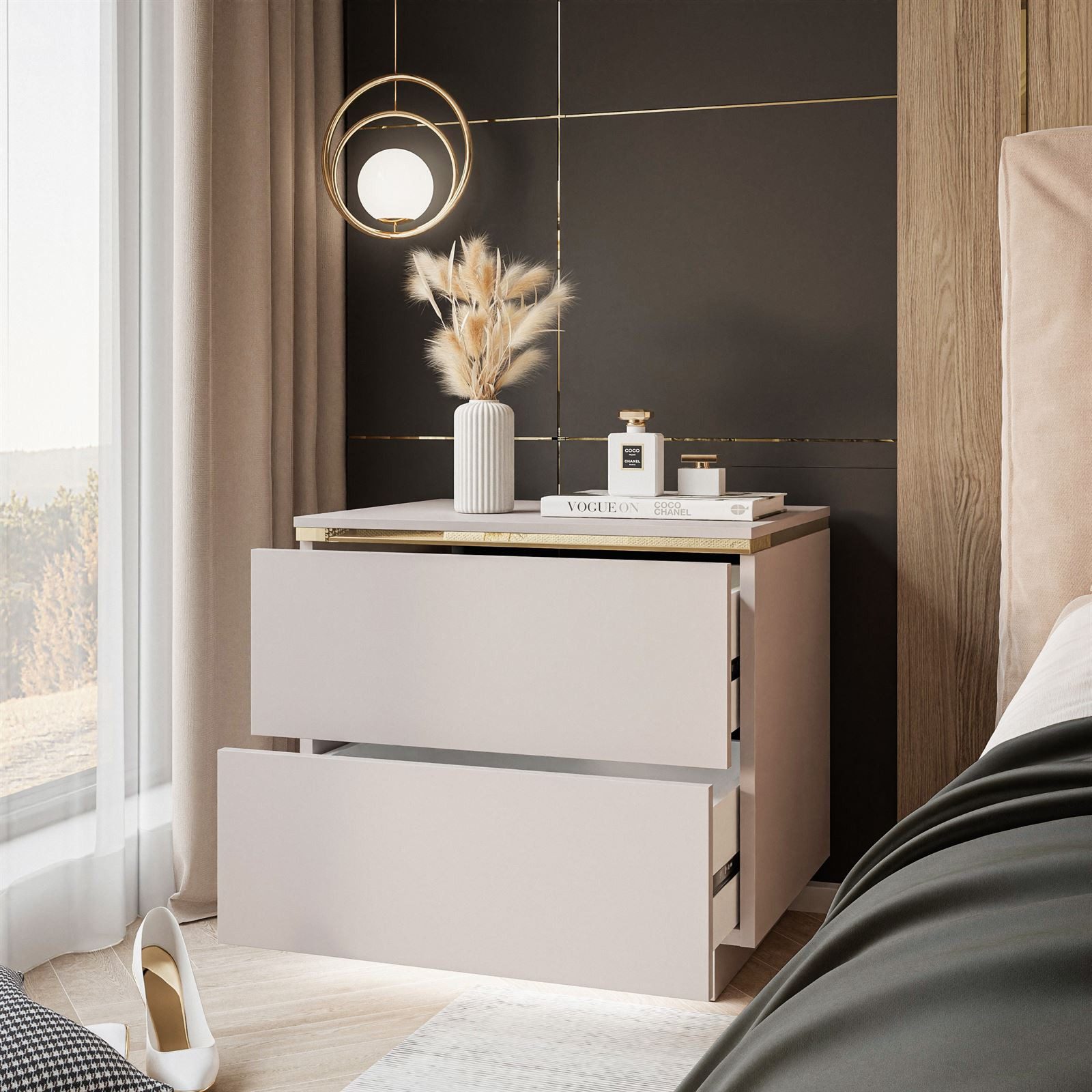 Lookway Nachttisch AURORA II KASCHMIR mit Beinen und LED-Beleuchtung (1x Nachttisch), Breite: 50 cm