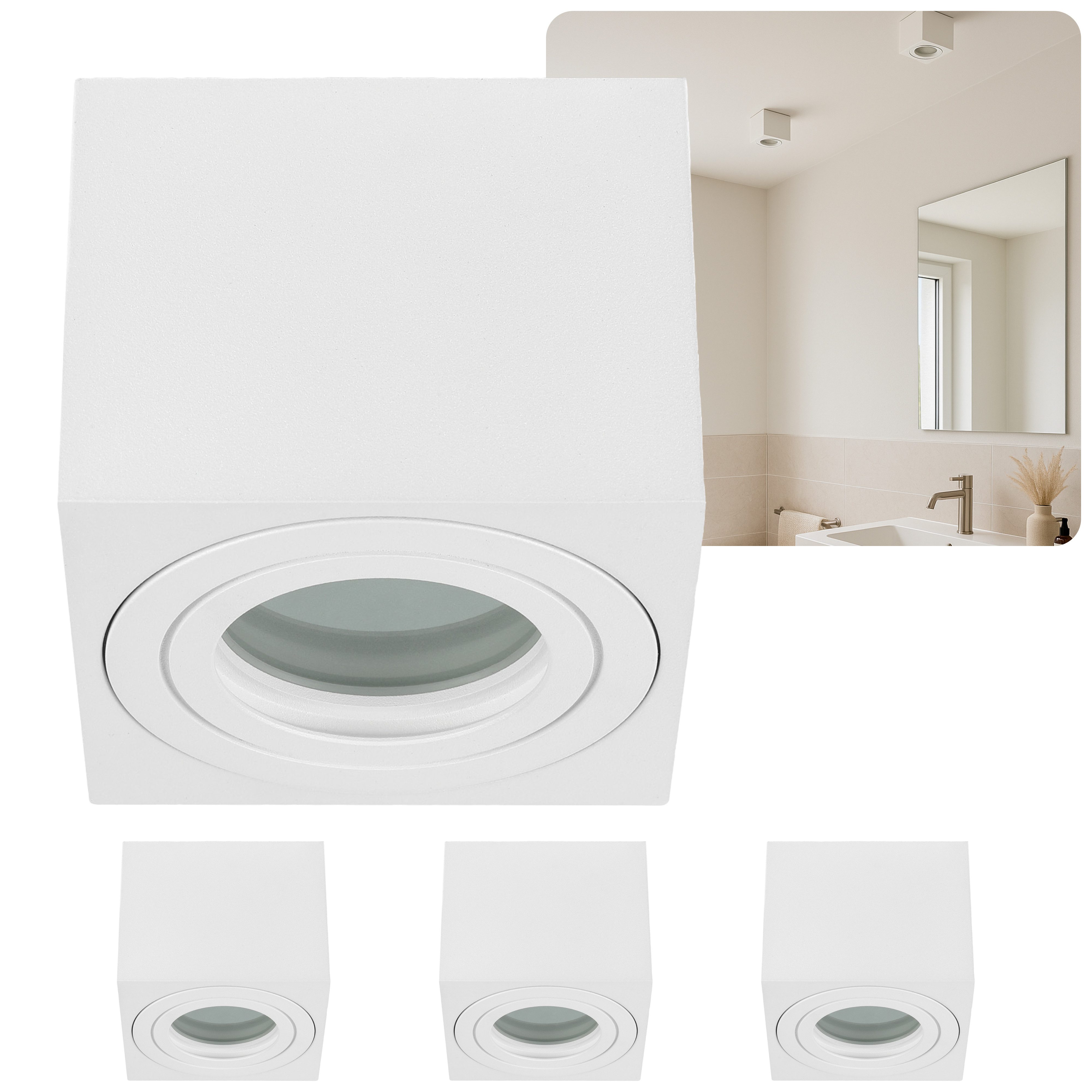Sweet LED Aufbauleuchte 4er Set flach & eckig IP44 Deckenspots für Küche & Bad, ohne Leuchtmittel, LED Aufbaustrahler, spritzwassergeschützt