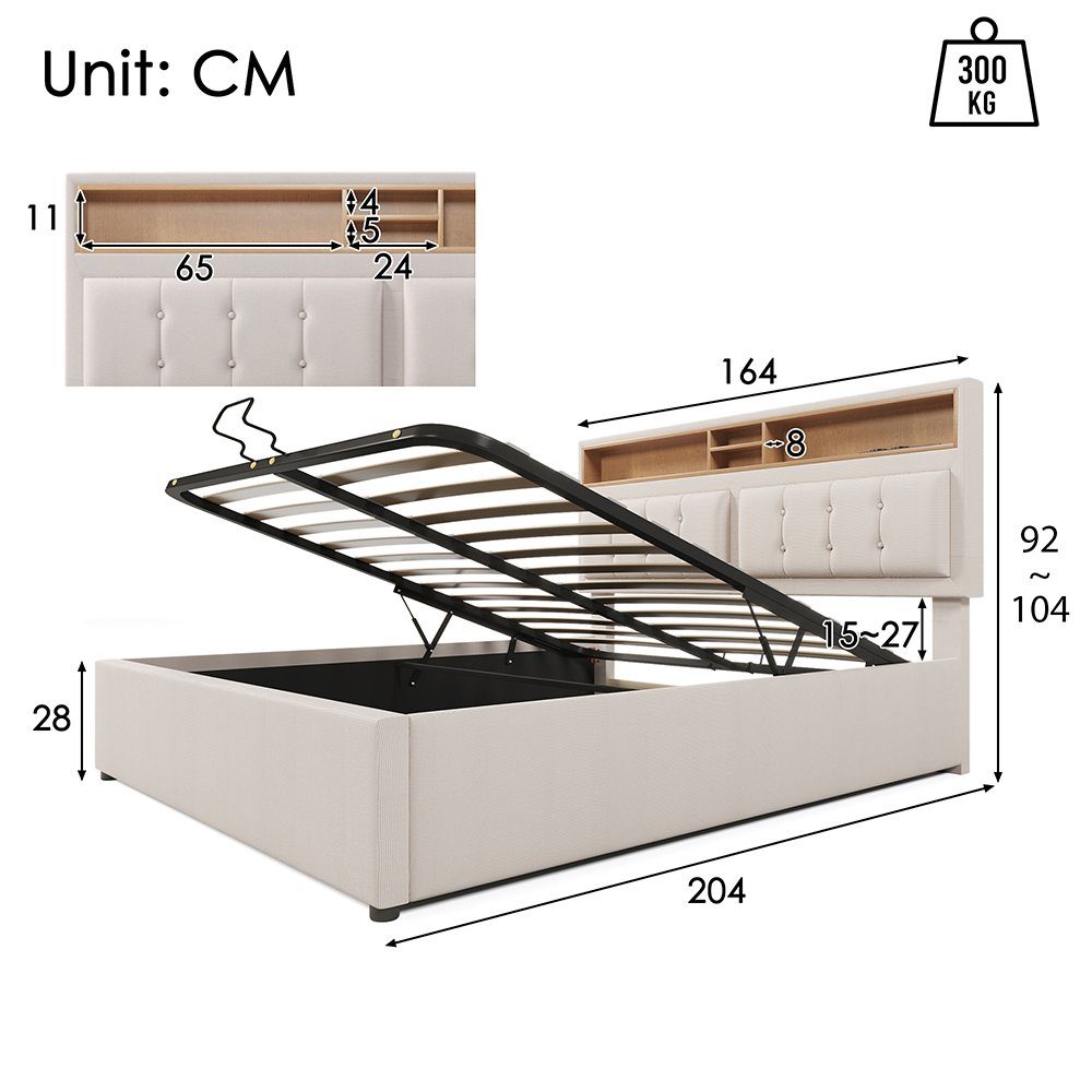 Polsterbett (Hydraulisches Stauraumbett mit Lattenrost), Doppelbett 160x200cm mit USB Typ C Ladefunktion Kopfteil, Leinen