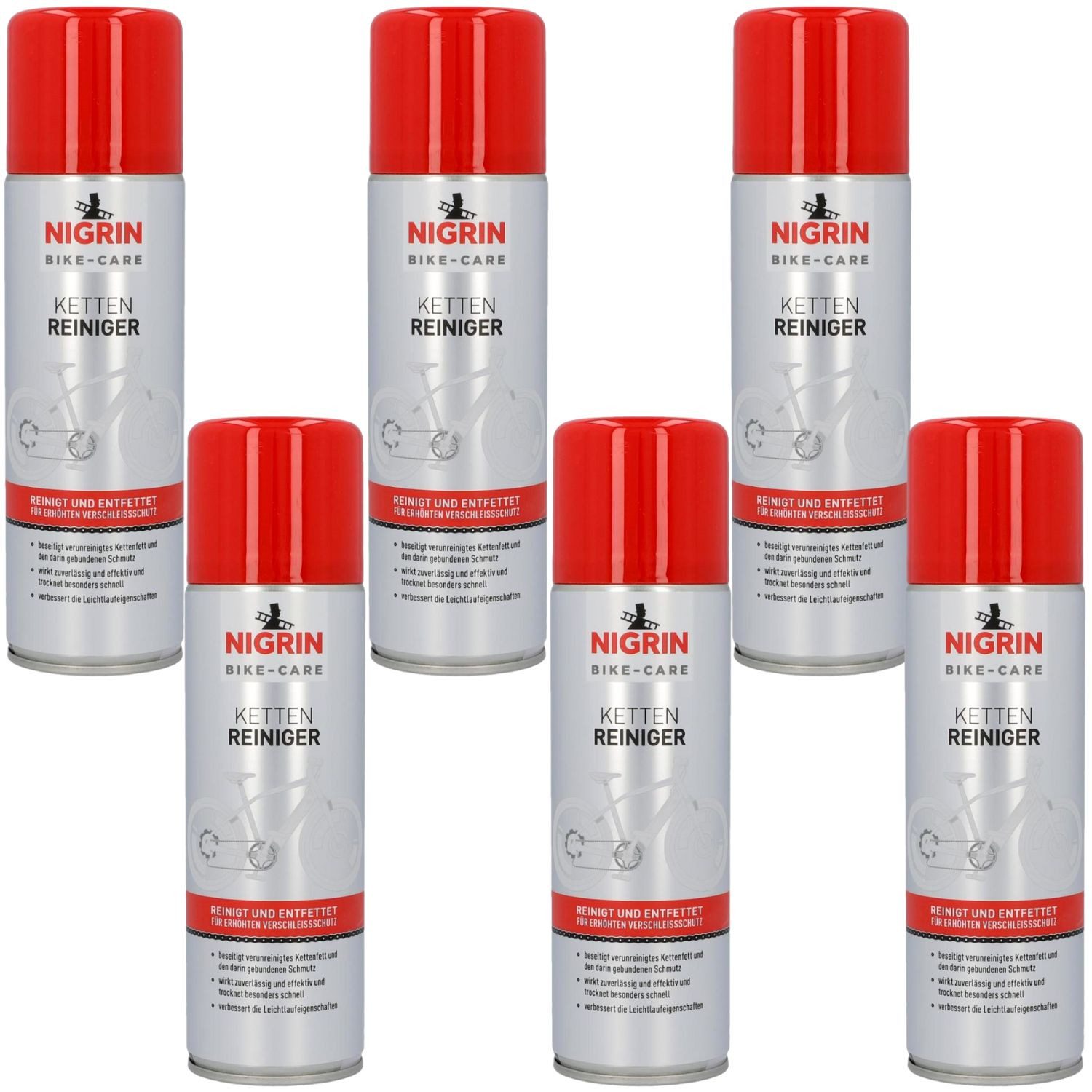 NIGRIN Set 6x Bike Ketten-Reiniger Spray Entfetter Pflege Reinigungsspray (Set, [6-St. Entfetter Reinigung Pflege für Fahrräder Pedelecs E-Bikes Reinigung)