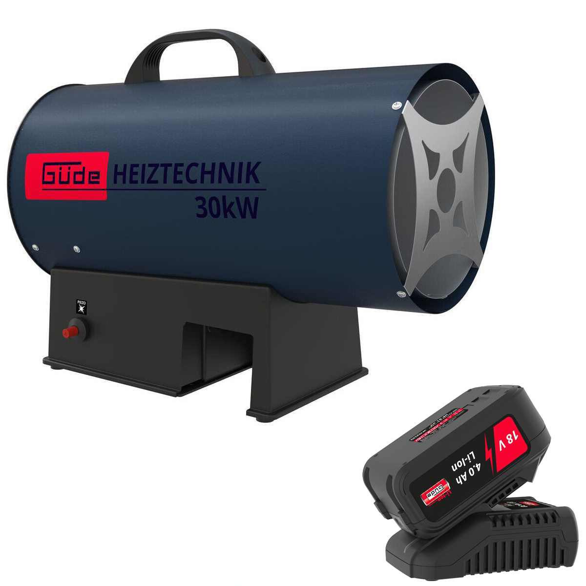 Güde Heizstrahler Akku Gasheizgebläse GH 18 - 30 KW mit Akku 4.0 Ah & Scnell Ladegerät