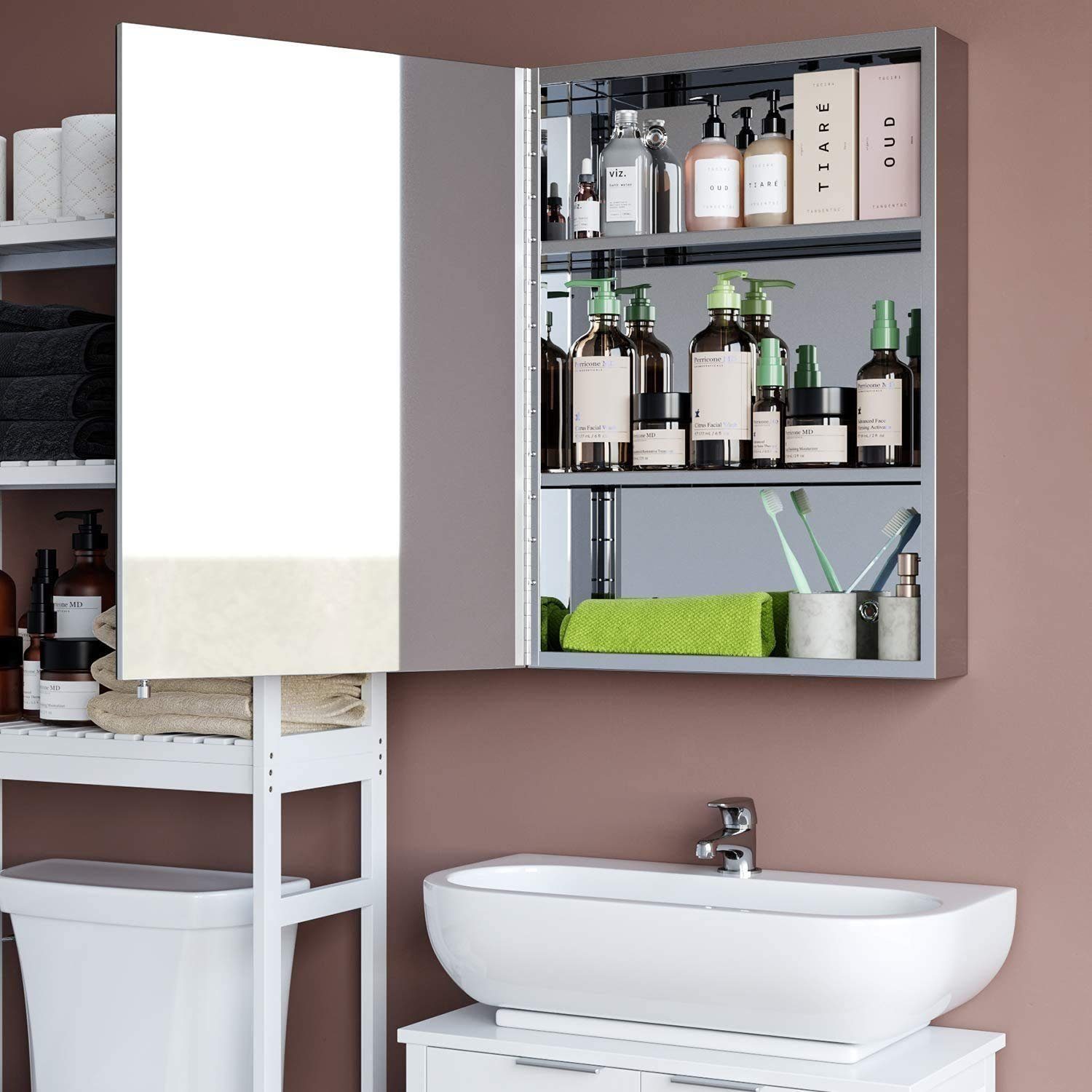 Spiegelschrank Badezimmerspiegelschrank Edelstahl 45cm weiß Homfa breit
