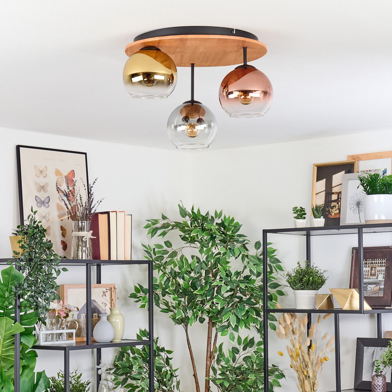 hofstein Deckenleuchte Deckenlampe Metall/Holz/Glas in Schwarz/Natur/Rauch/ günstig online kaufen