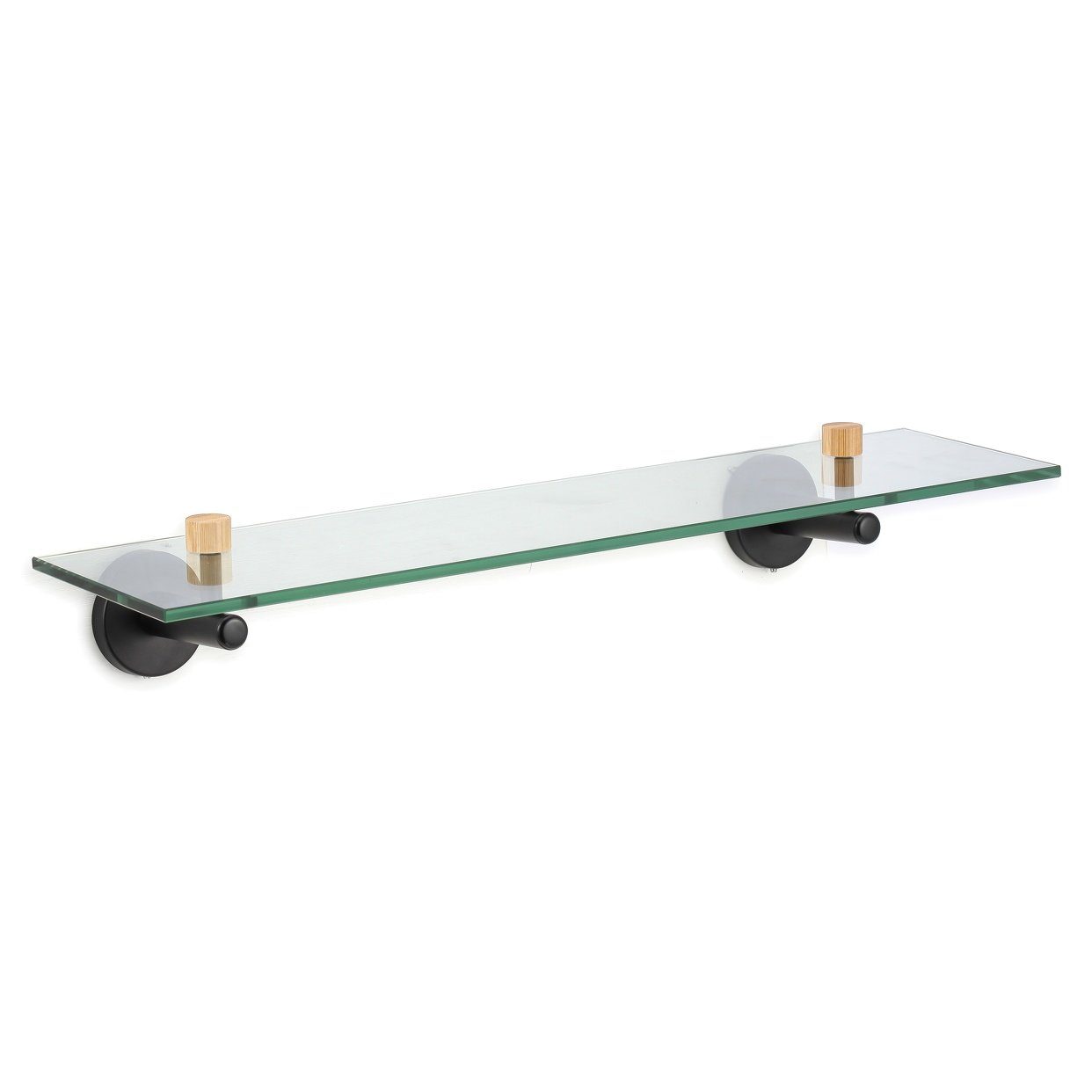 MSV Wandregal IANA, elegante Glasablage Regal zur Wandmontage, zum Verschrauben, Klarglas transparent, Halterung pulverbeschichteter Stahl / Bambus, schwarz matt, 50 x 13,4 x 7,2 cm