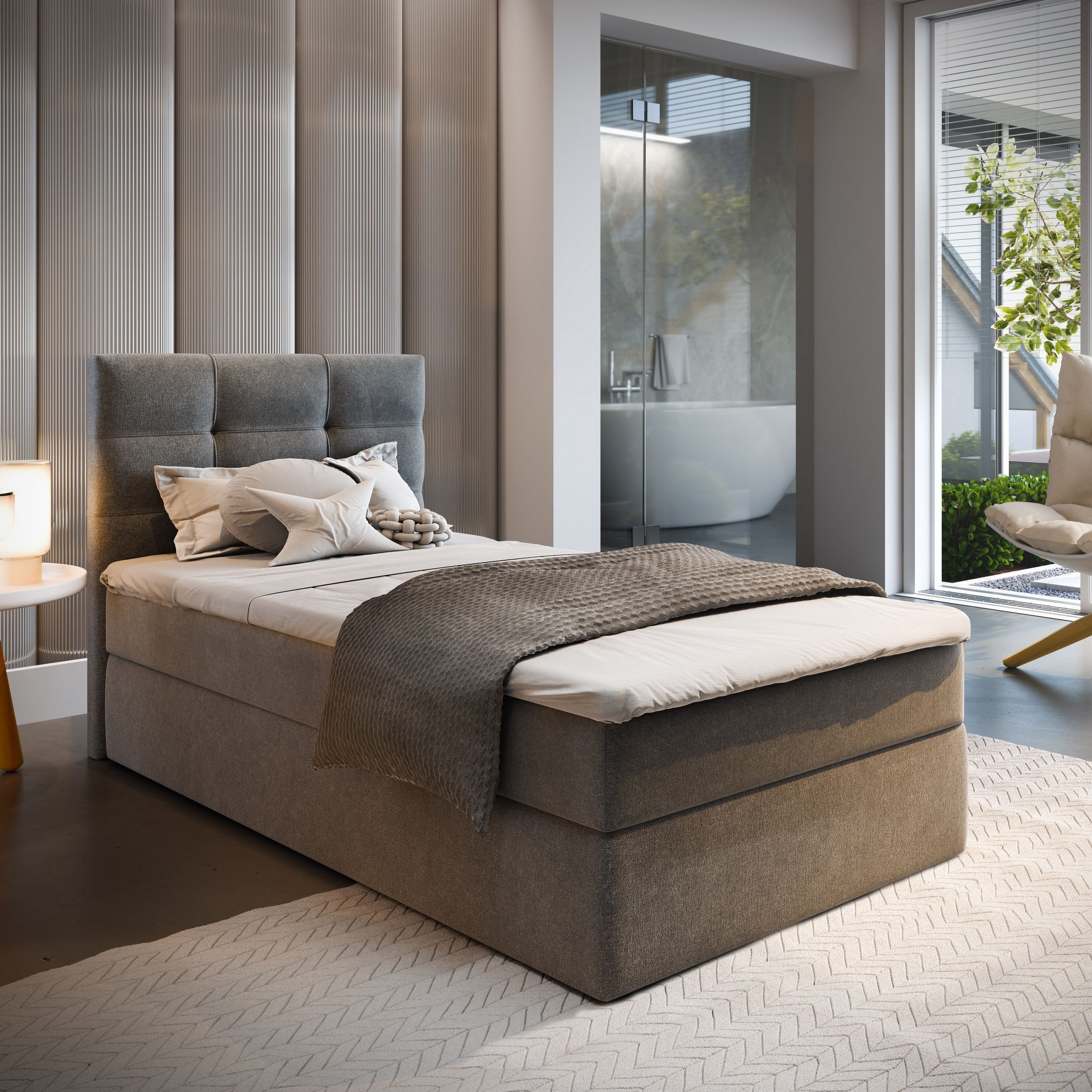 Masseno Boxbett GLOS 100x200 cm mit Bonell Matratze und Topper, Einzelbett, Jugendbett, Polsterbett mit Kopfteil, Boxspringbett