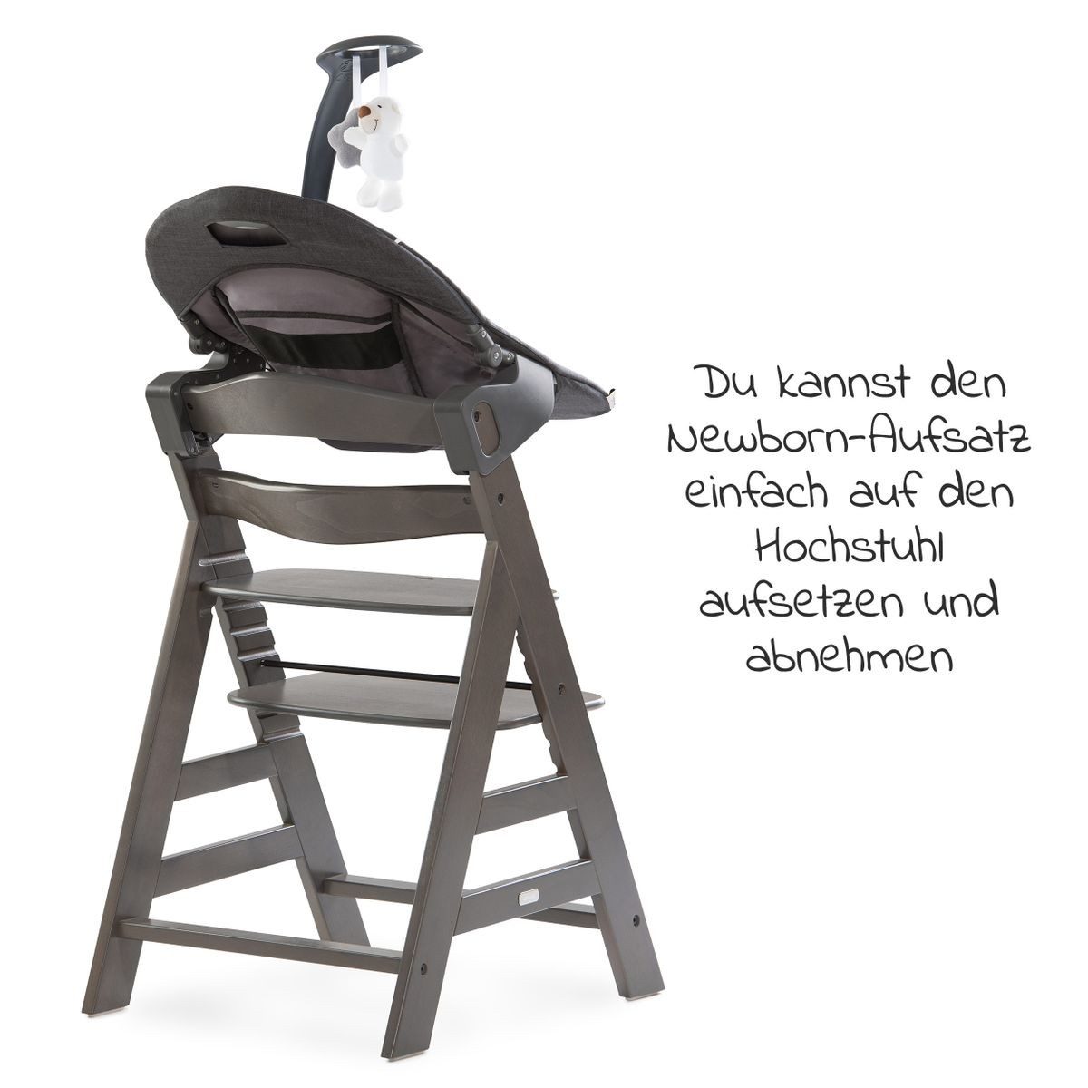 Hauck Hochstuhl Alpha Plus Charcoal - Newborn Set Deluxe, Holz Babystuhl ab Geburt inkl. Aufsatz für Neugeborene & Sitzauflage