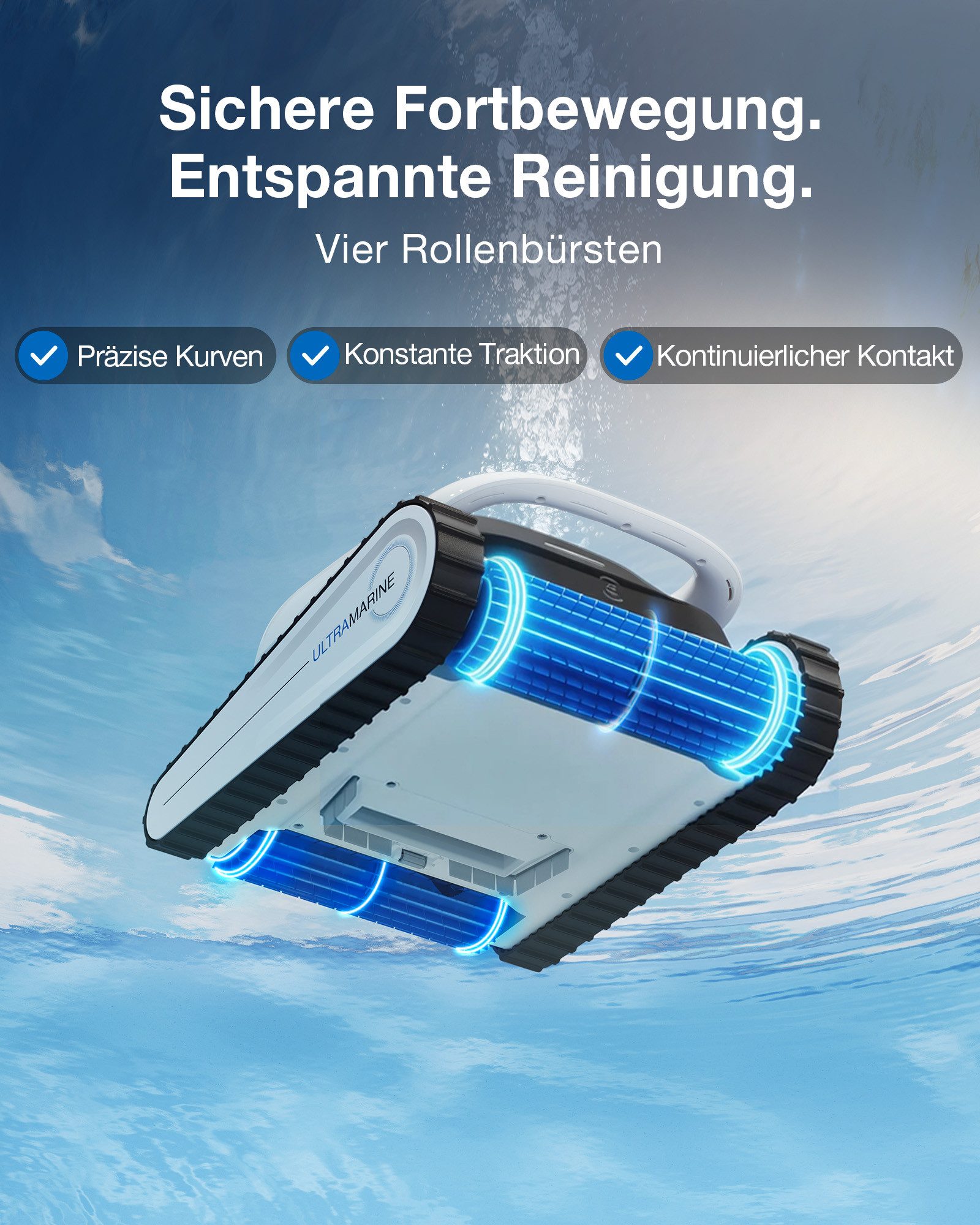 ECOVACS Poolroboter ULTRAMARINE P1 Care Kit für Boden und Wände, 180 Min, 180m², APP, (10-Stufen-Beständigkeit, Akkulaufzeit von 180 Minuten), 4800 GPH, Doppelschicht-Filter, SmartNavi-Navigation