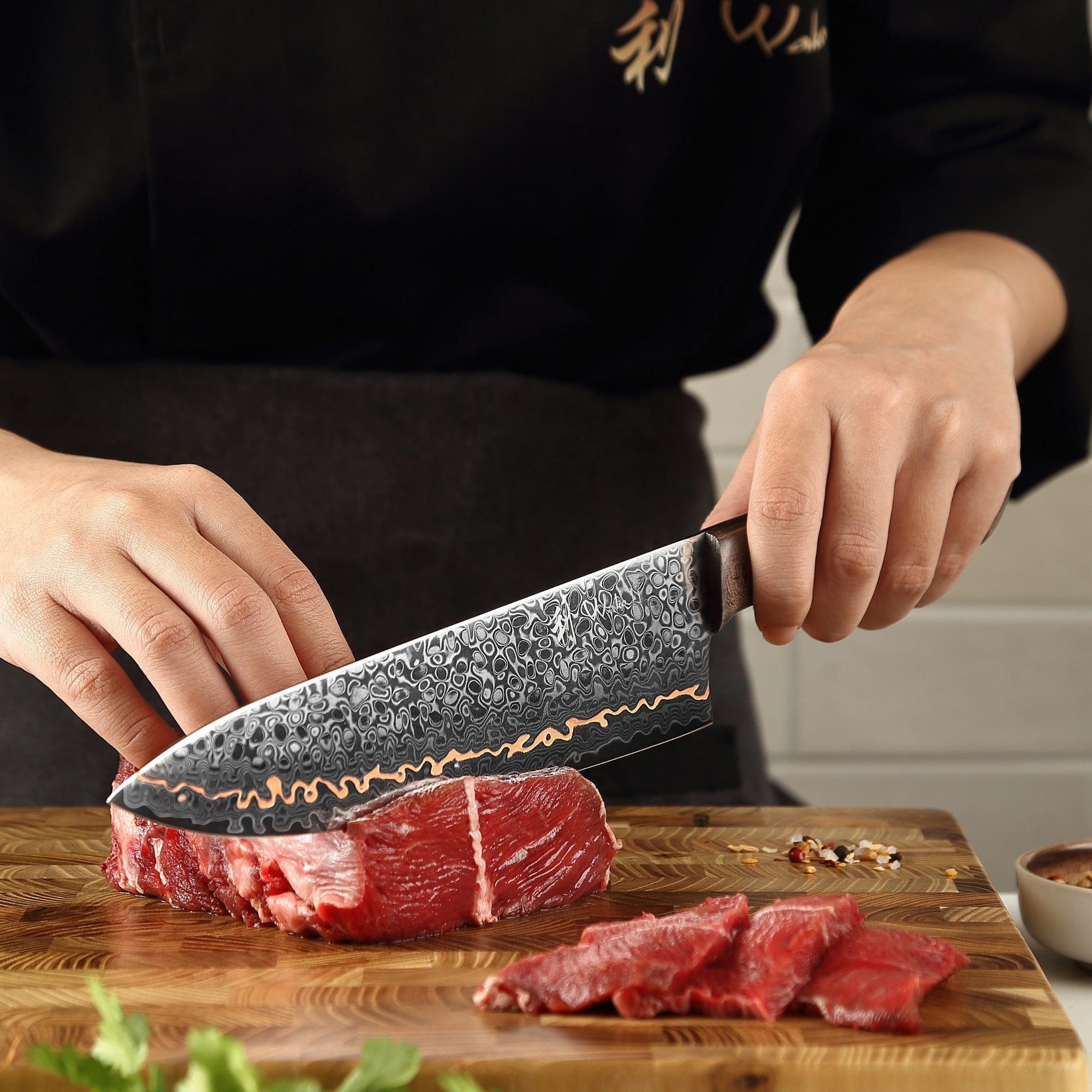 Wakoli Damastmesser Kawa Damast Chefmesser Küchenmesser Kochmesser 20 cm Klinge mit Kupfer, Damaststahl, Kupfereinlage, VG10
